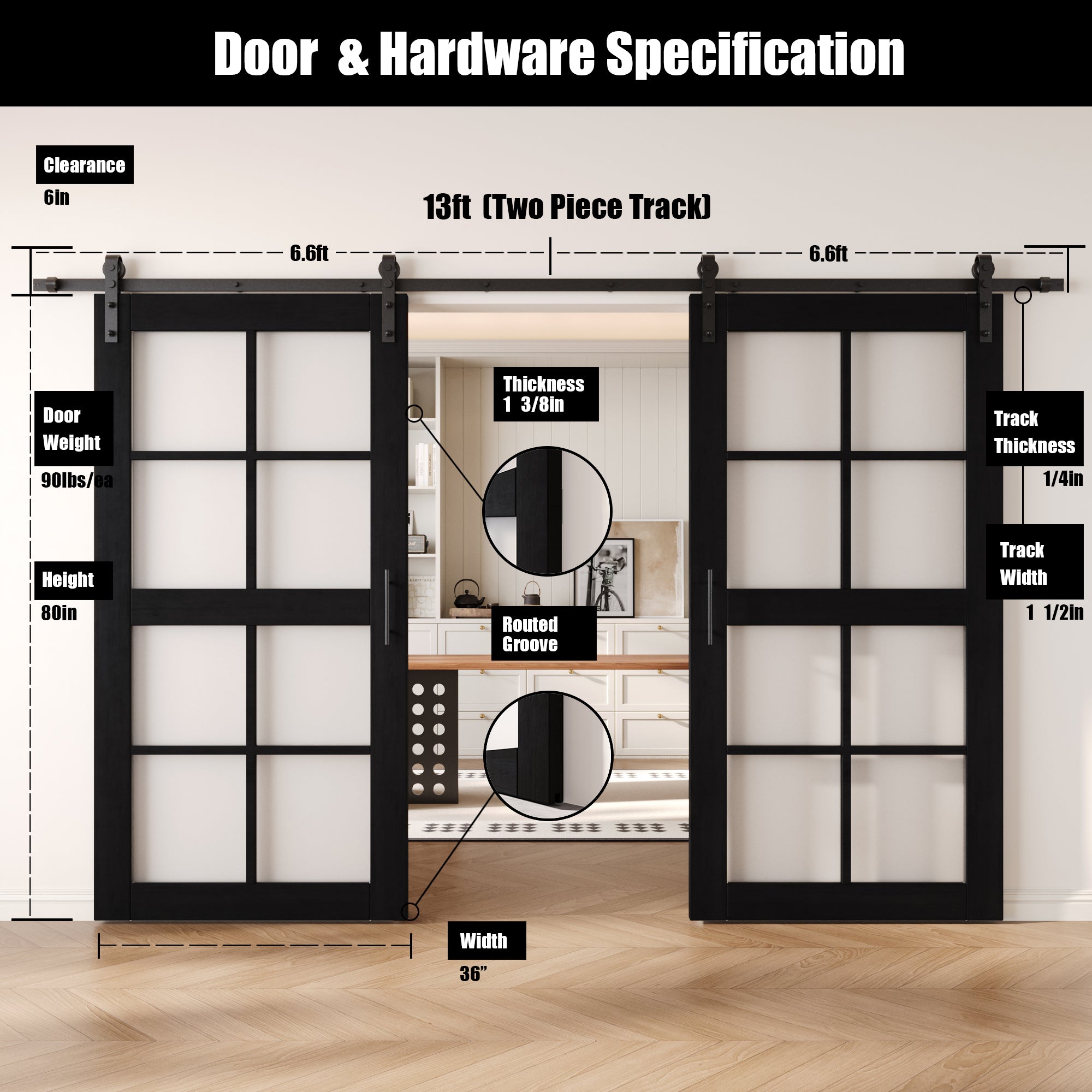 80" Height Black 8-Lite Frosted Glass Double Unassembled & Finished Pine Wood Barn Doors with Non-Bypass Installation Hardware Kit (Interior Use Only)