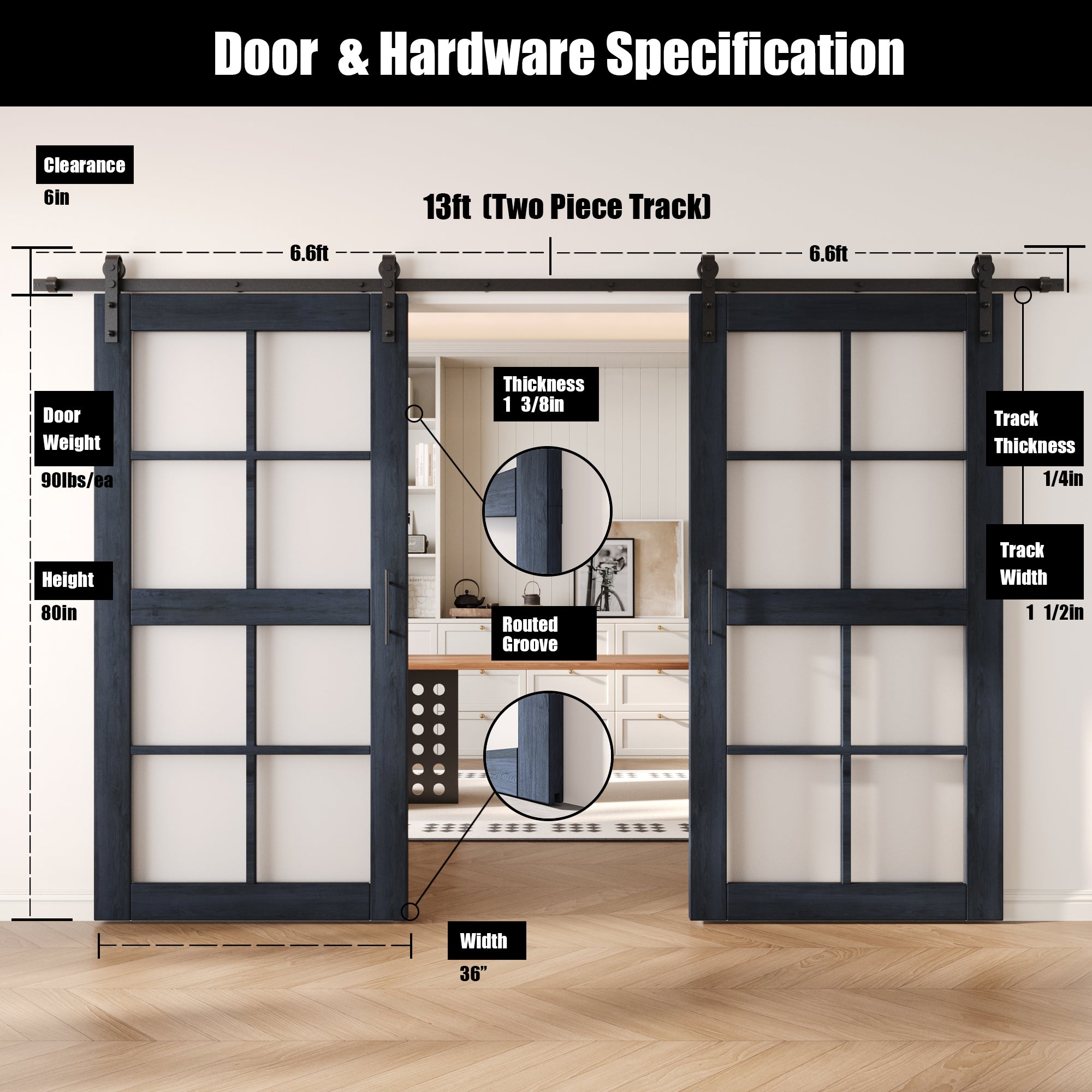 80" Height Navy 8-Lite Frosted Glass Double Unassembled & Finished Pine Wood Barn Doors with Non-Bypass Installation Hardware Kit (Interior Use Only)