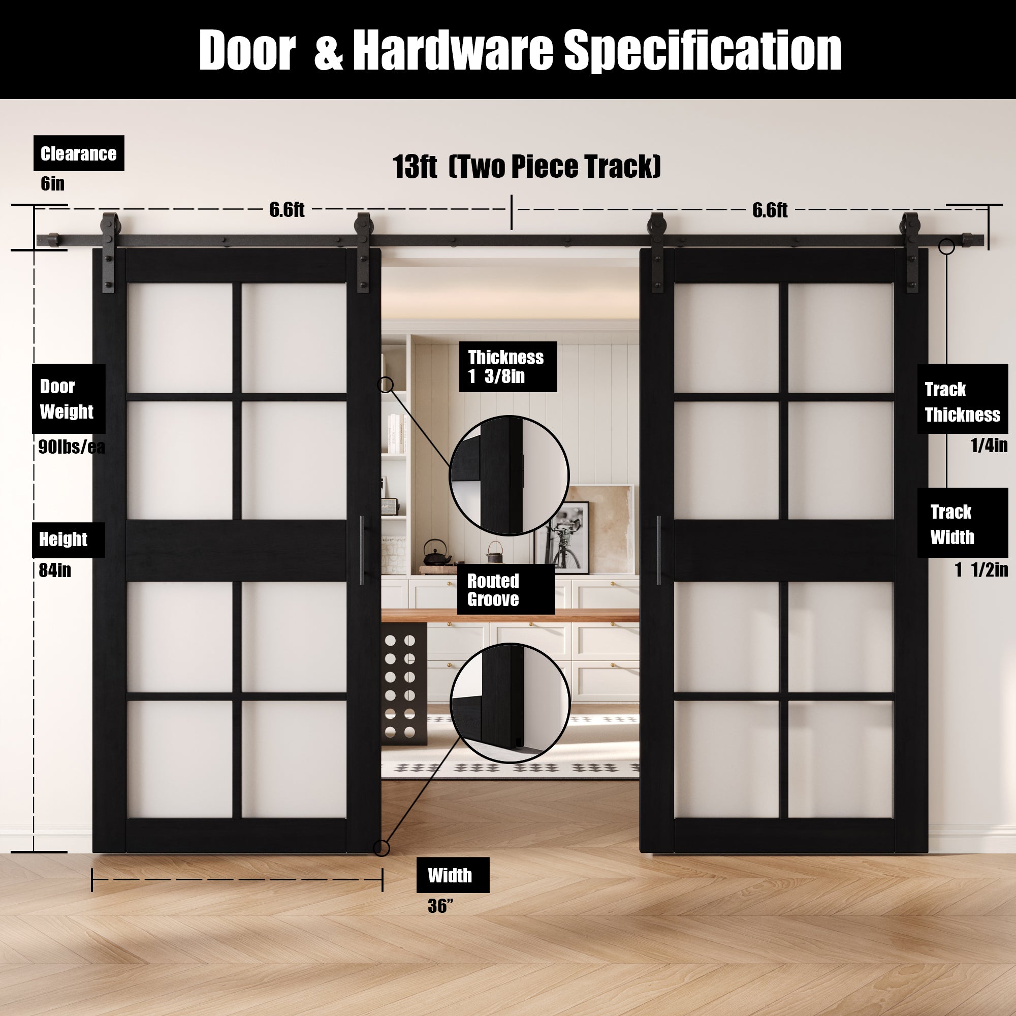84" Height Black 8-Lite Frosted Glass Double Unassembled & Finished Pine Wood Barn Doors with Non-Bypass Installation Hardware Kit (Interior Use Only)