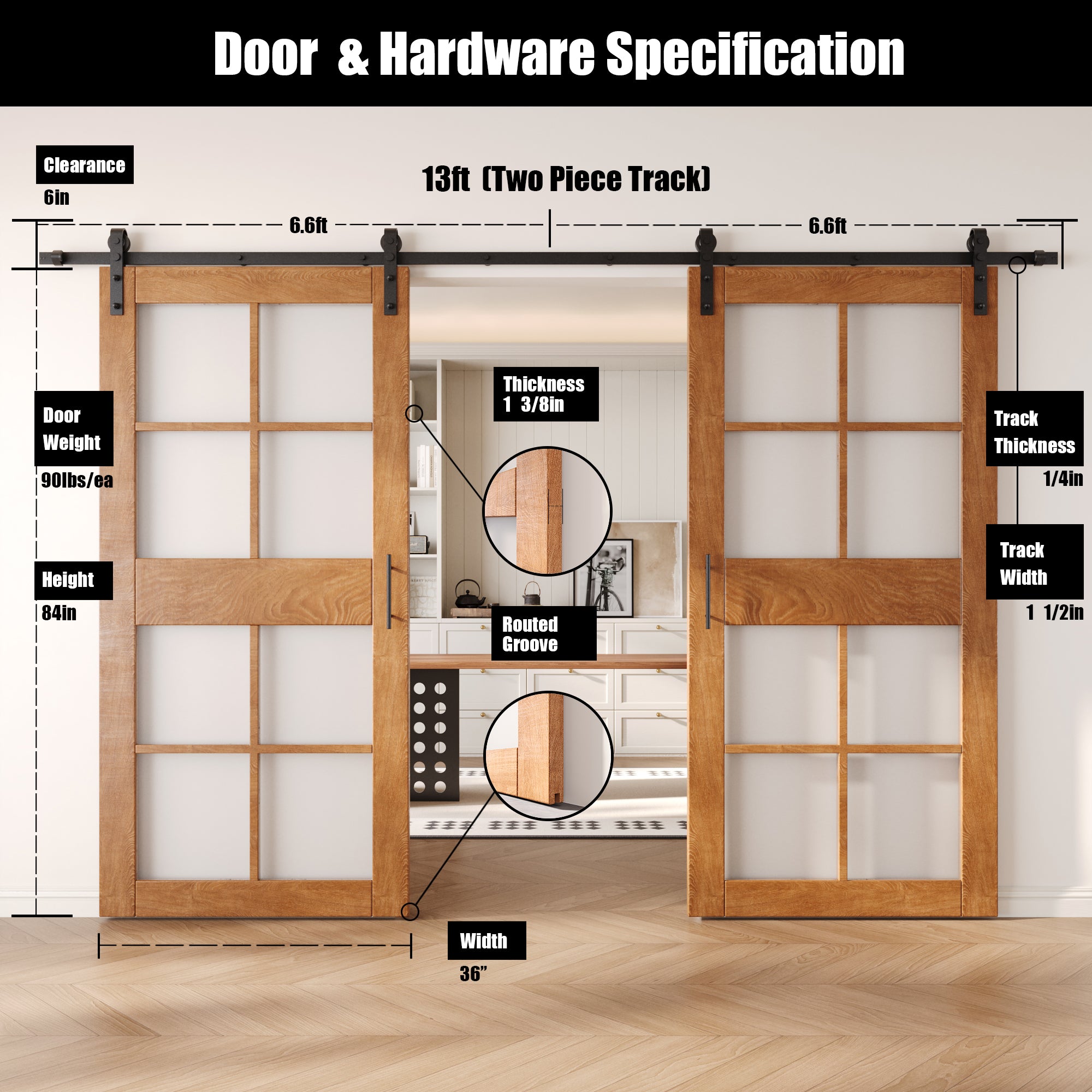 84" Height Early American 8-Lite Frosted Glass Double Unassembled & Finished Pine Wood Barn Doors with Non-Bypass Installation Hardware Kit (Interior Use Only)