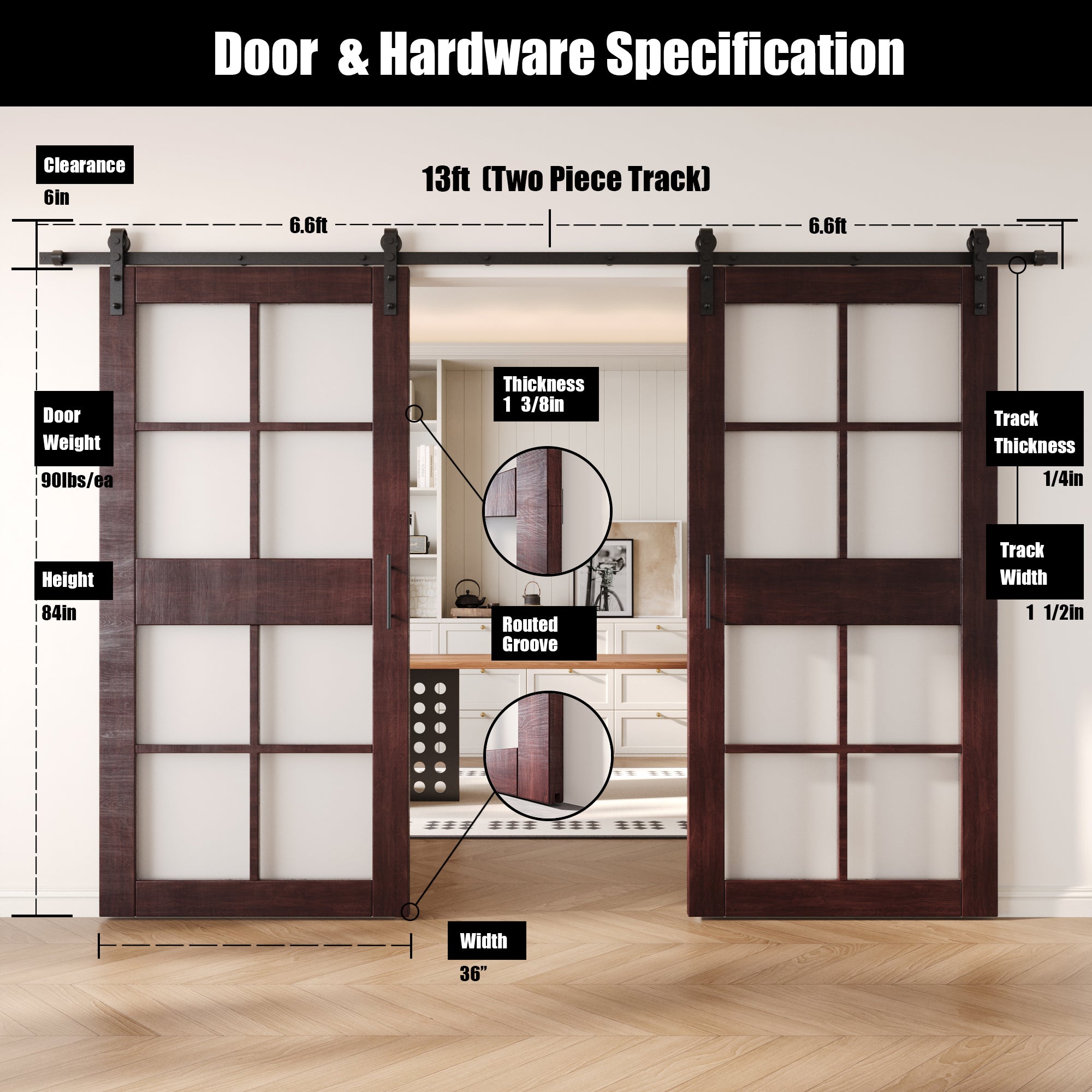 84" Height Red Mahogany 8-Lite Frosted Glass Double Unassembled & Finished Pine Wood Barn Doors with Non-Bypass Installation Hardware Kit (Interior Use Only)