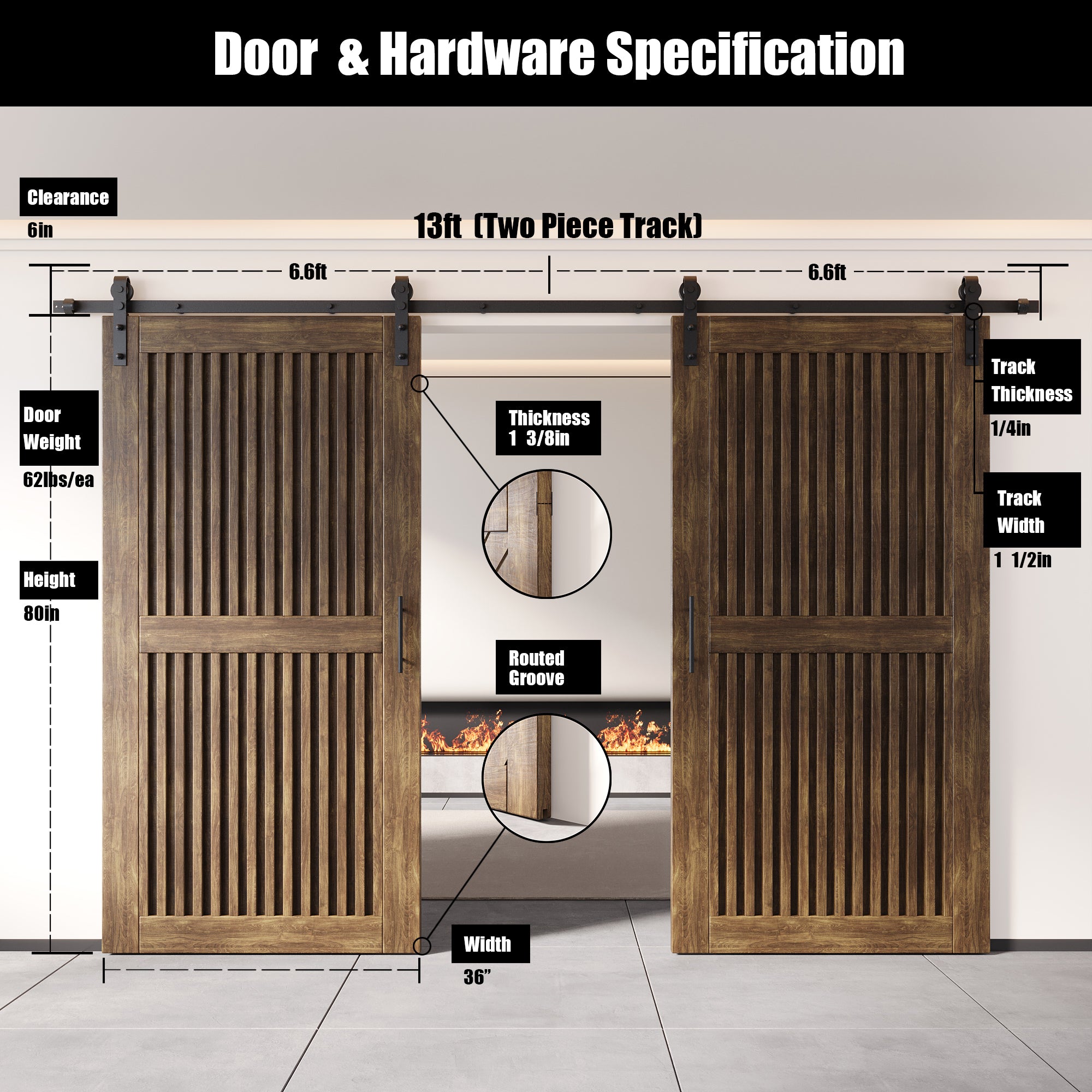 80" Height Dark Walnut Vertical Stripe Design Unassembled & Finished Double Pine Wood Barn Door with Non-Bypass Installation Hardware Kit(Interior Use Only)