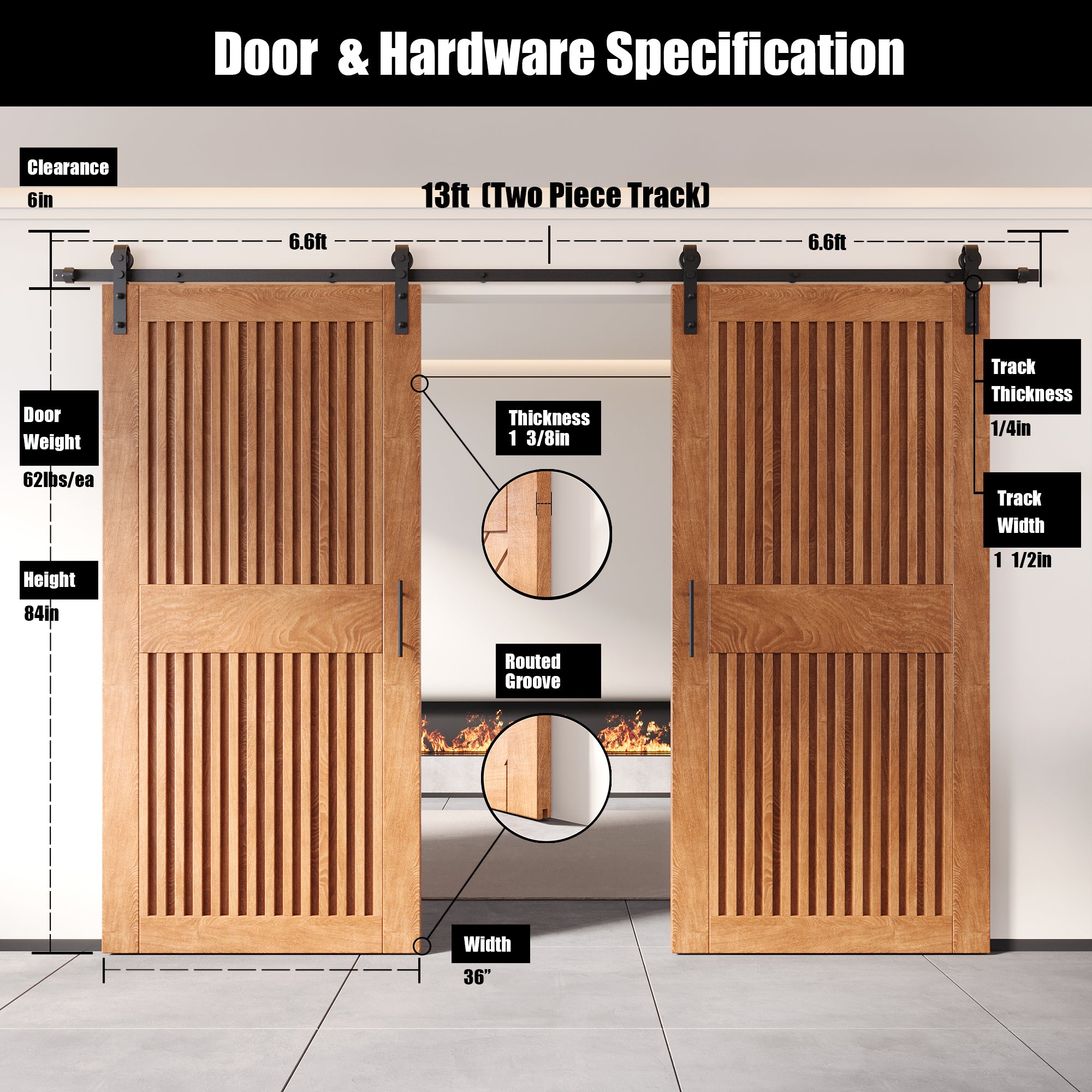 84" Height Early American Vertical Stripe Design Unassembled & Finished Double Pine Wood Barn Door with Non-Bypass Installation Hardware Kit(Interior Use Only)