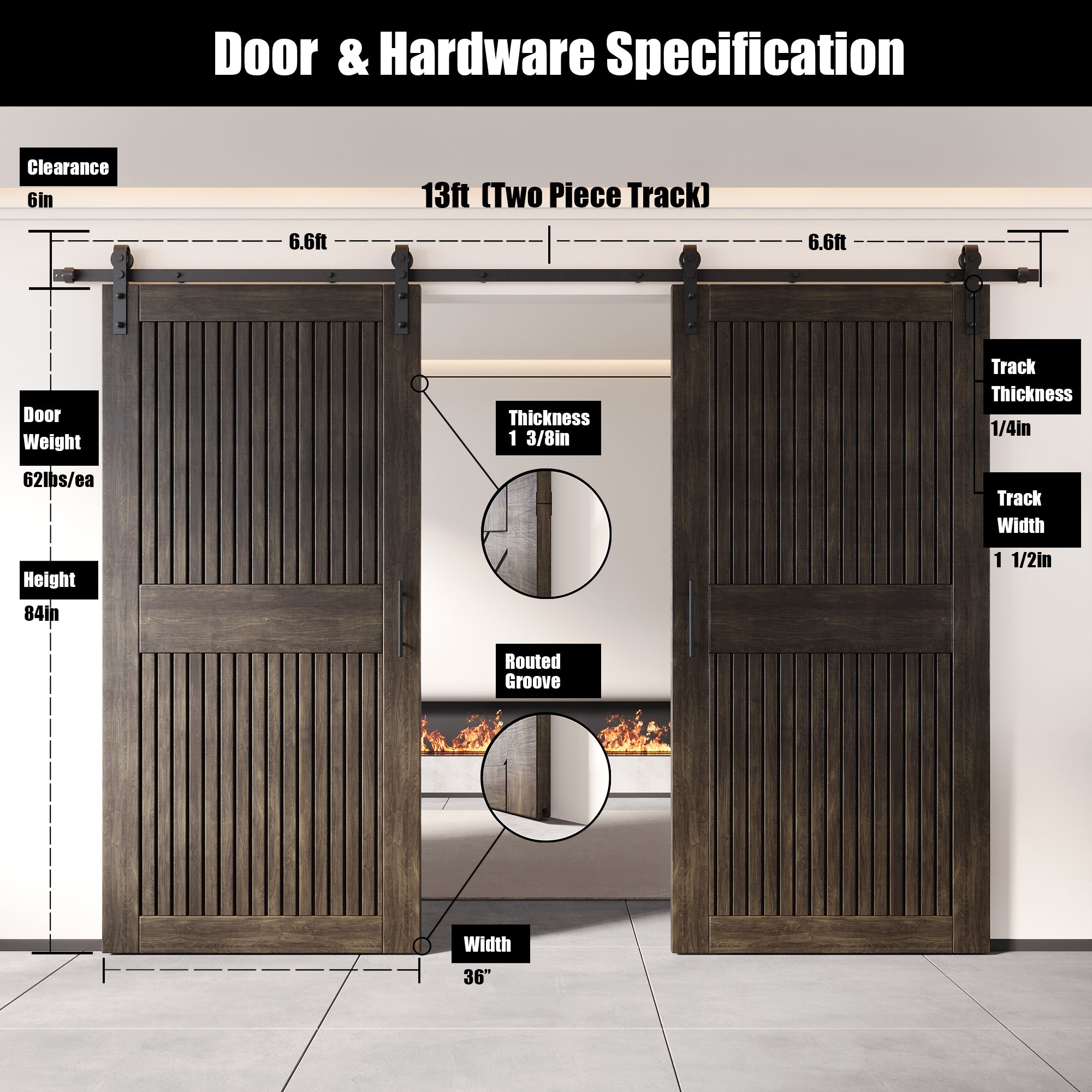84" Height Ebony Vertical Stripe Design Unassembled & Finished Double Pine Wood Barn Door with Non-Bypass Installation Hardware Kit(Interior Use Only)