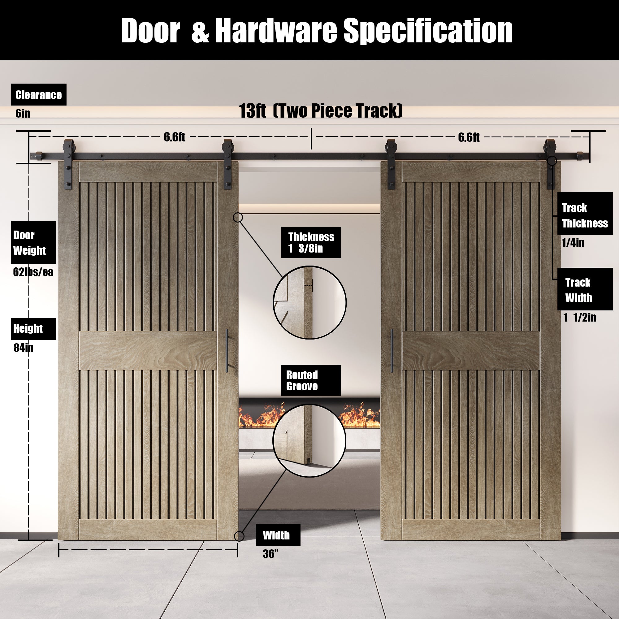 84" Height Classic Gray Vertical Stripe Design Unassembled & Finished Double Pine Wood Barn Door with Non-Bypass Installation Hardware Kit(Interior Use Only)