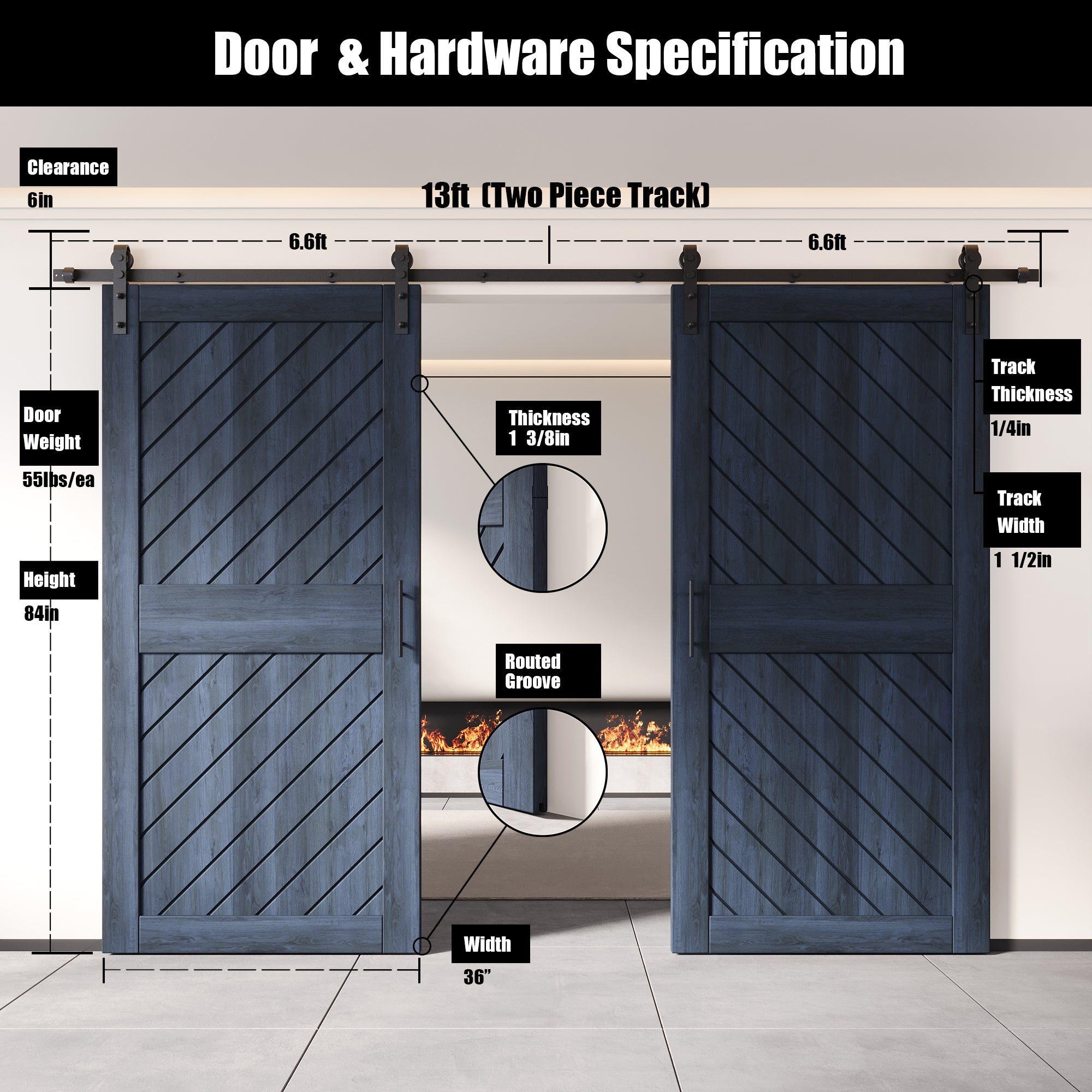 84" Height Navy Slanted Stripe Design Unassembled & Finished Double Pine Wood Barn Door with Non-Bypass Installation Hardware Kit(Interior Use Only)