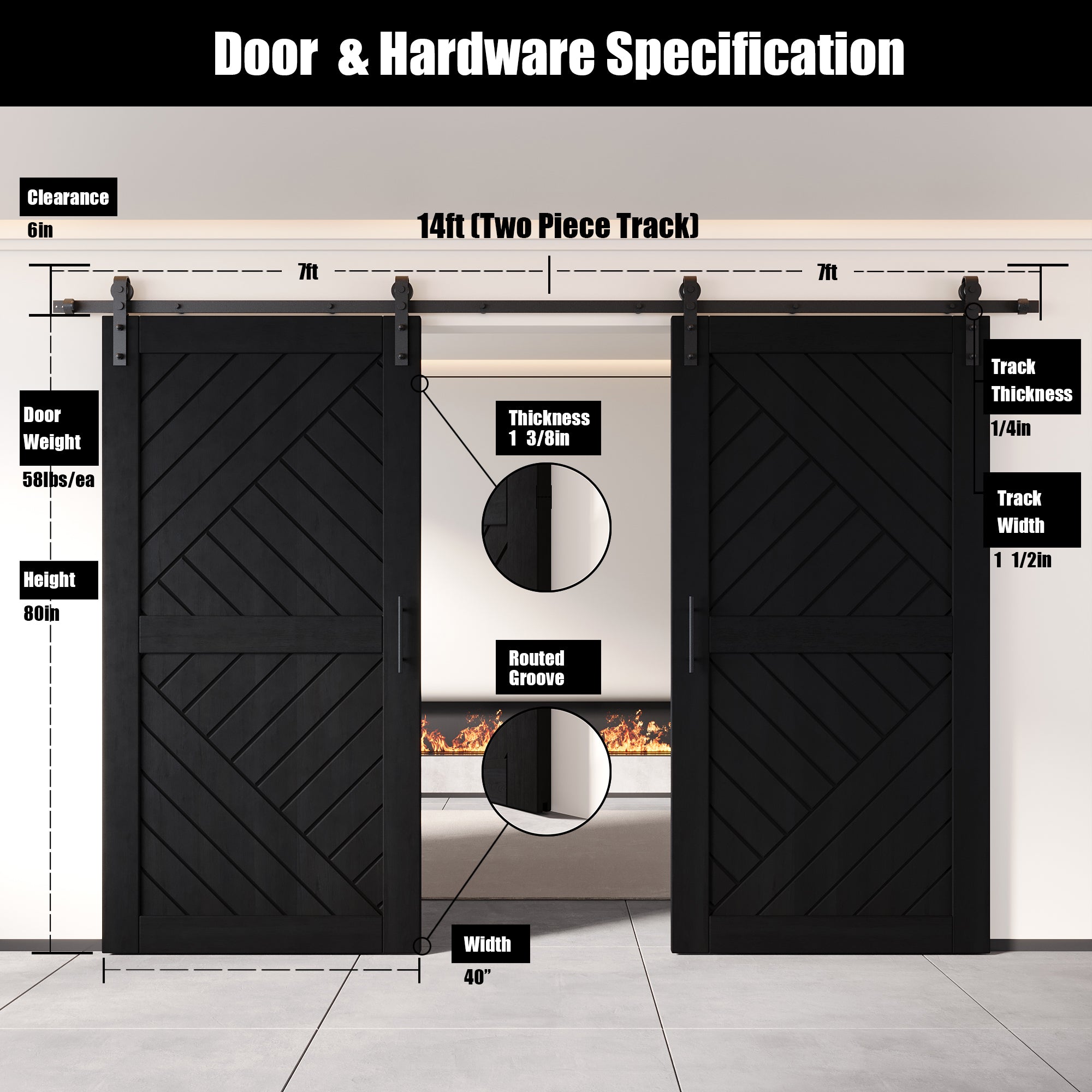 modern sliding barn door, new style, 40x80, two doors with hardware kit, modern
