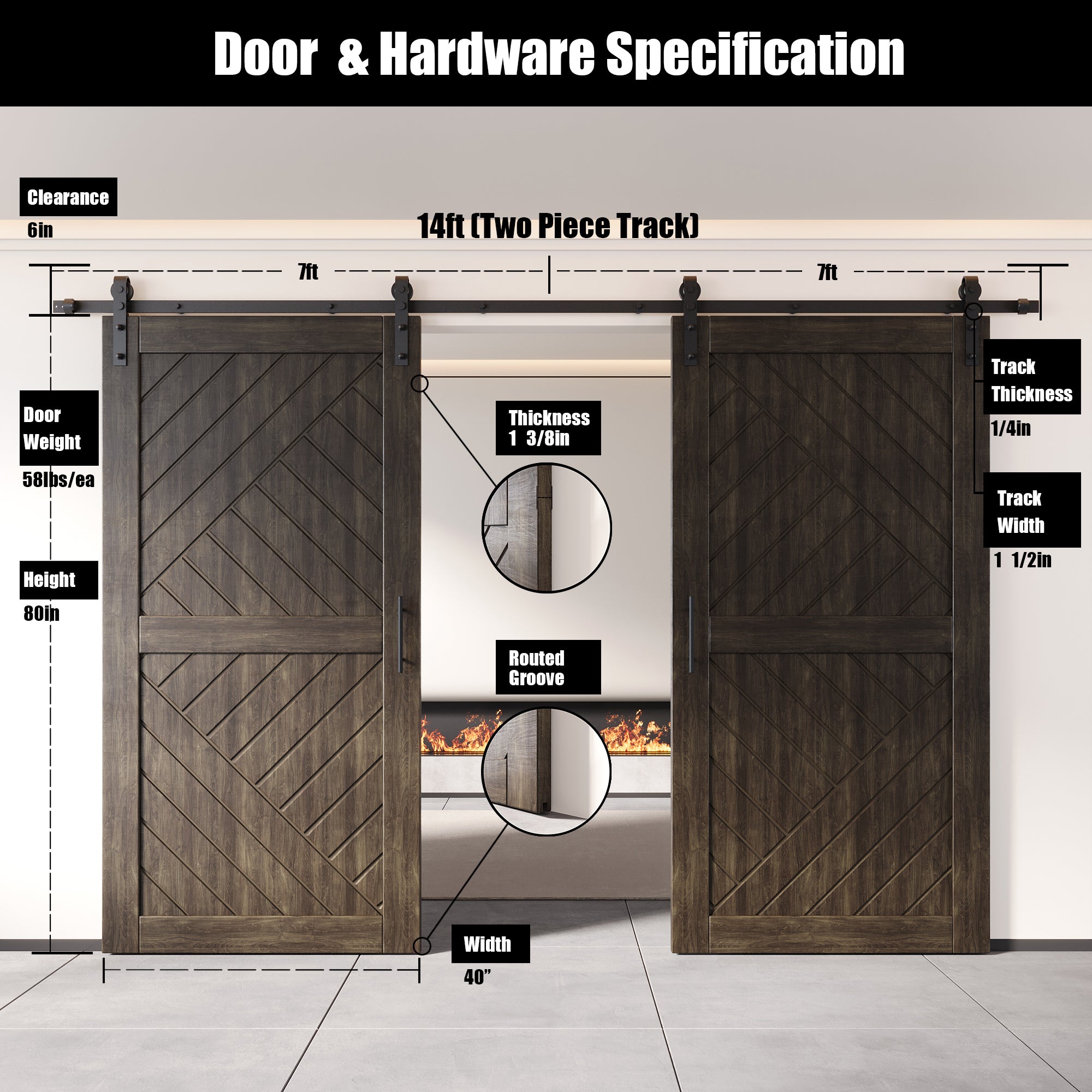 80" Height Ebony Geometric Design Unassembled & Finished Double Pine Wood Barn Door with Non-Bypass Installation Hardware Kit(Interior Use Only)