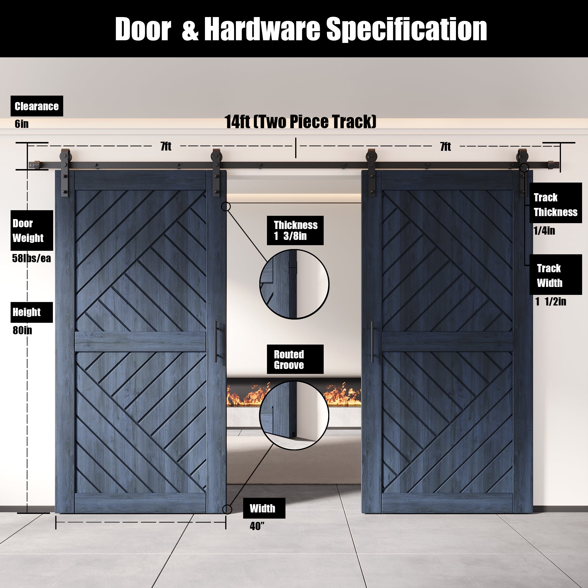 modern navy finish geometric design barn door with hardware kit