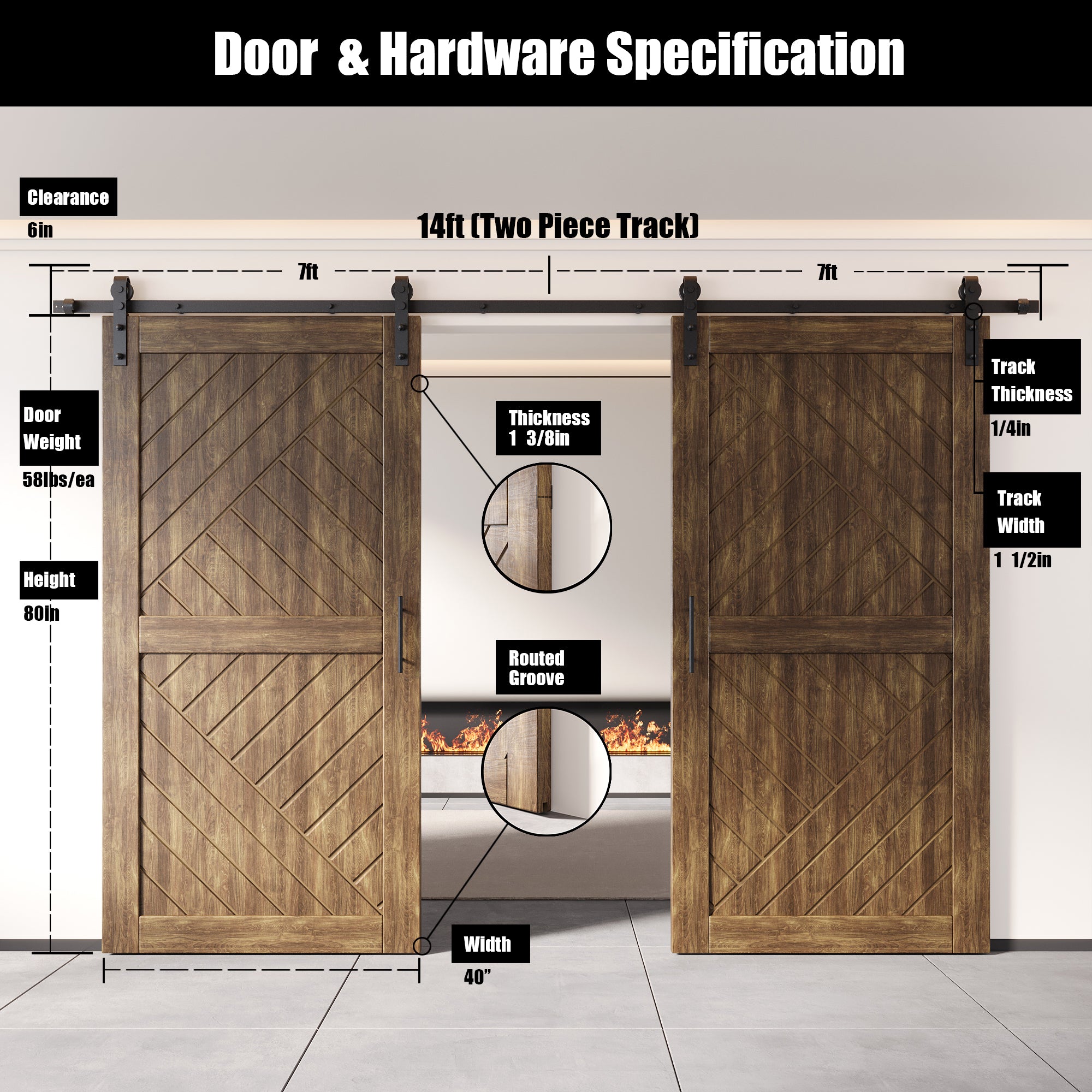 double barn doors with single track non bypass hardware kit, dark walnut finish