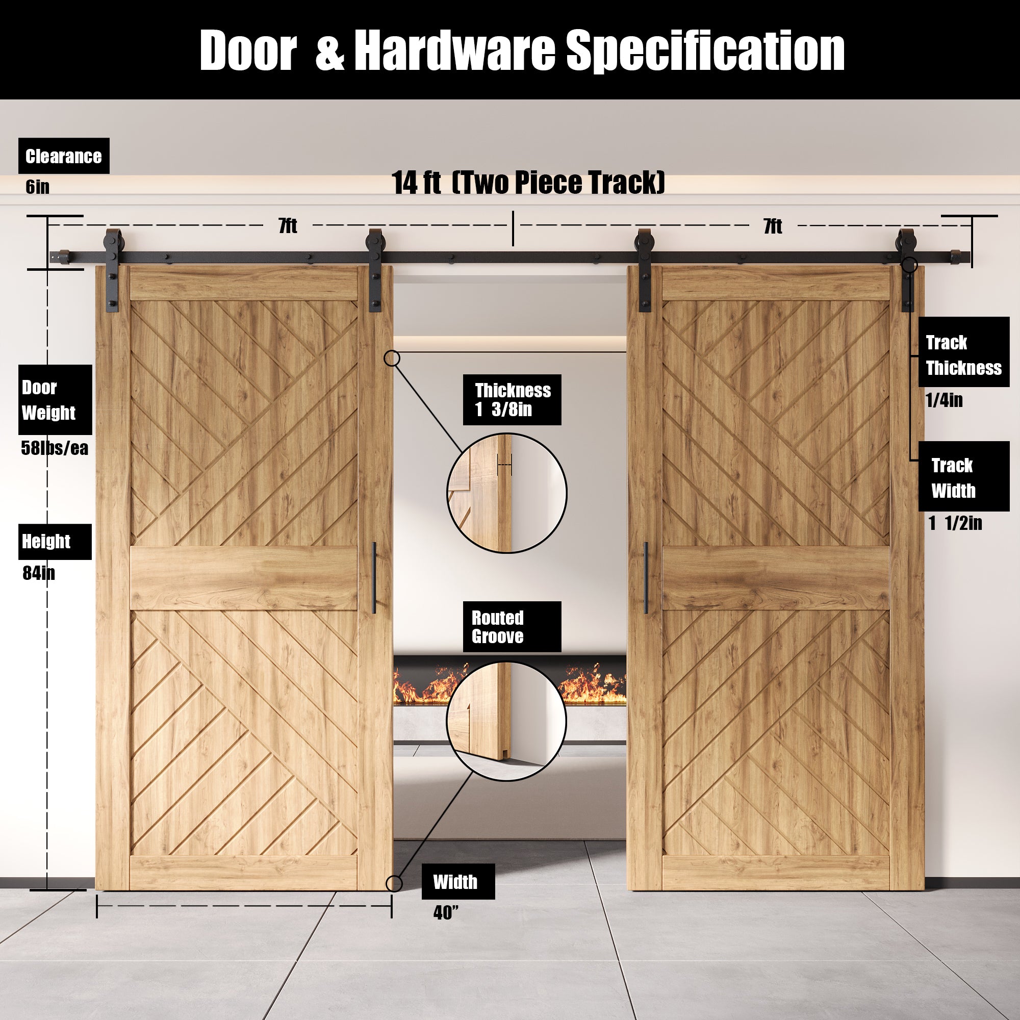 84" Height Geometric Design Unassembled & Unfinished Double Pine Wood Barn Door with Non-Bypass Installation Hardware Kit(Interior Use Only)