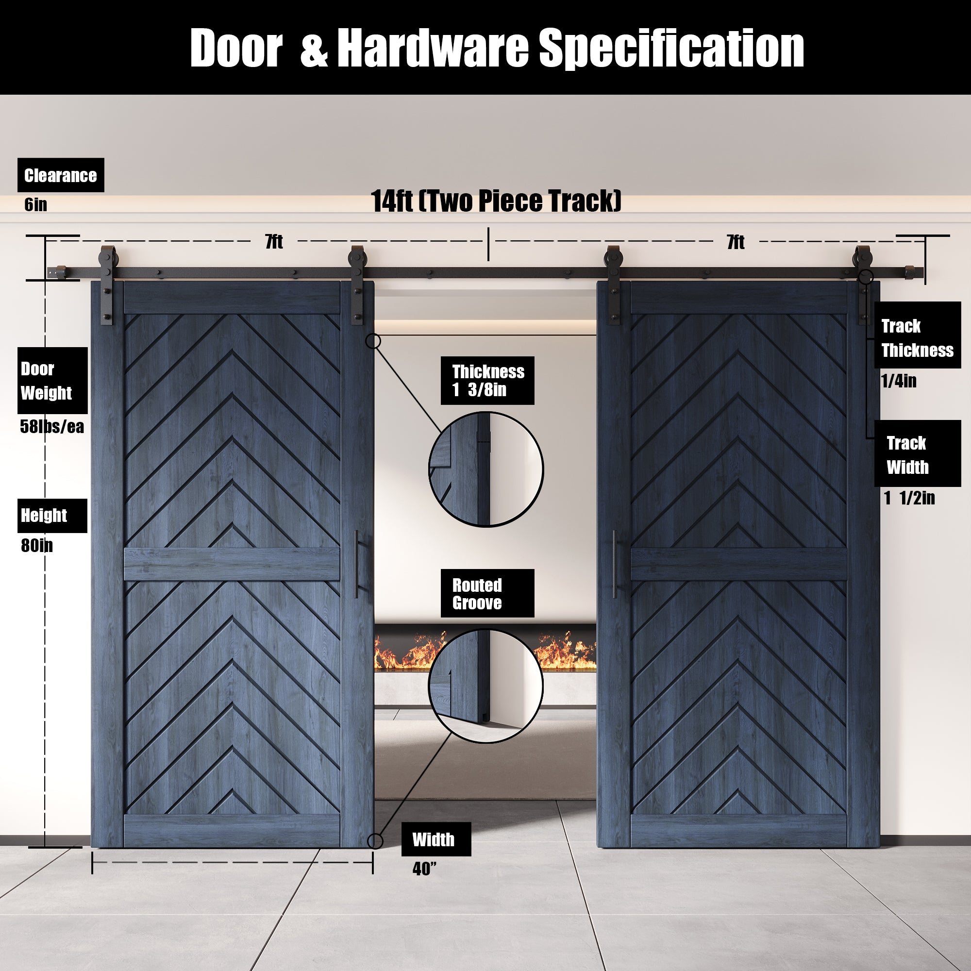 80" Height Navy Fishbone Design Unassembled & Finished Double Pine Wood Barn Door with Non-Bypass Installation Hardware Kit(Interior Use Only)