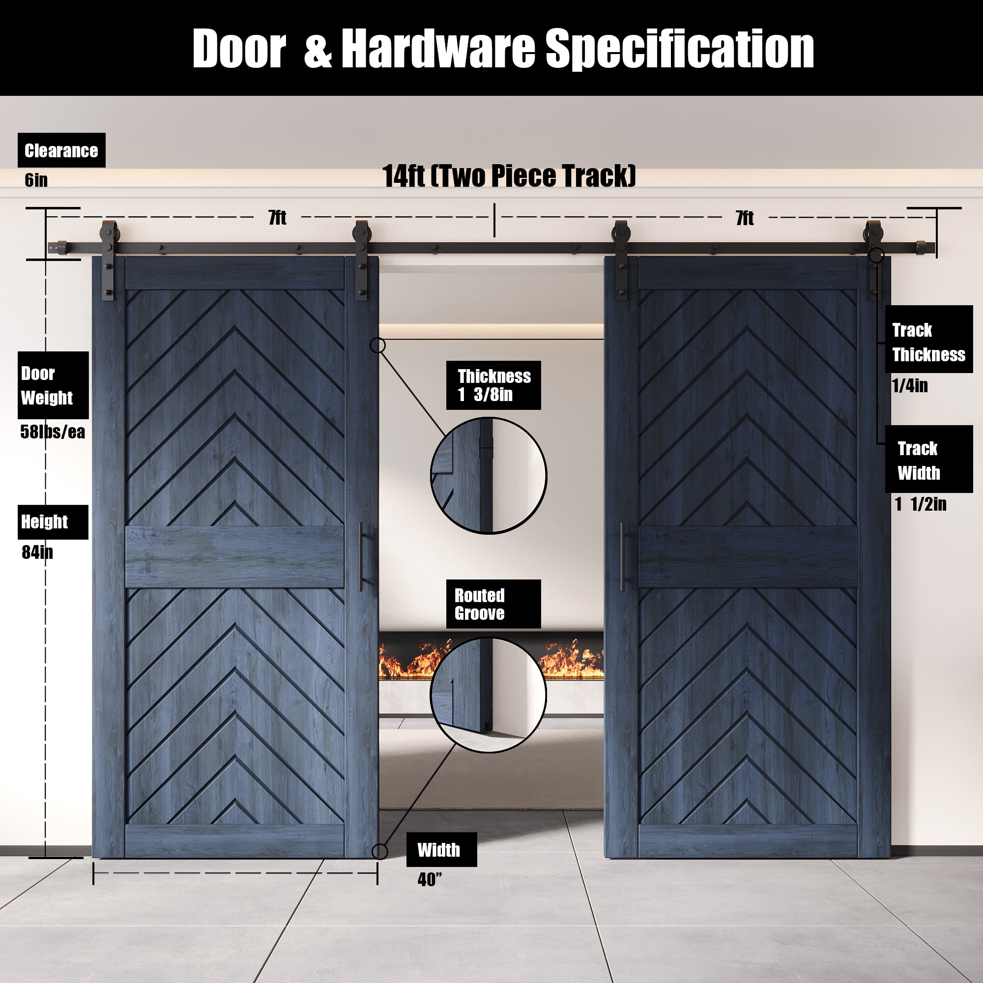 sliding barn door hardware kit with two doors pine wood barn door navy fishbone design