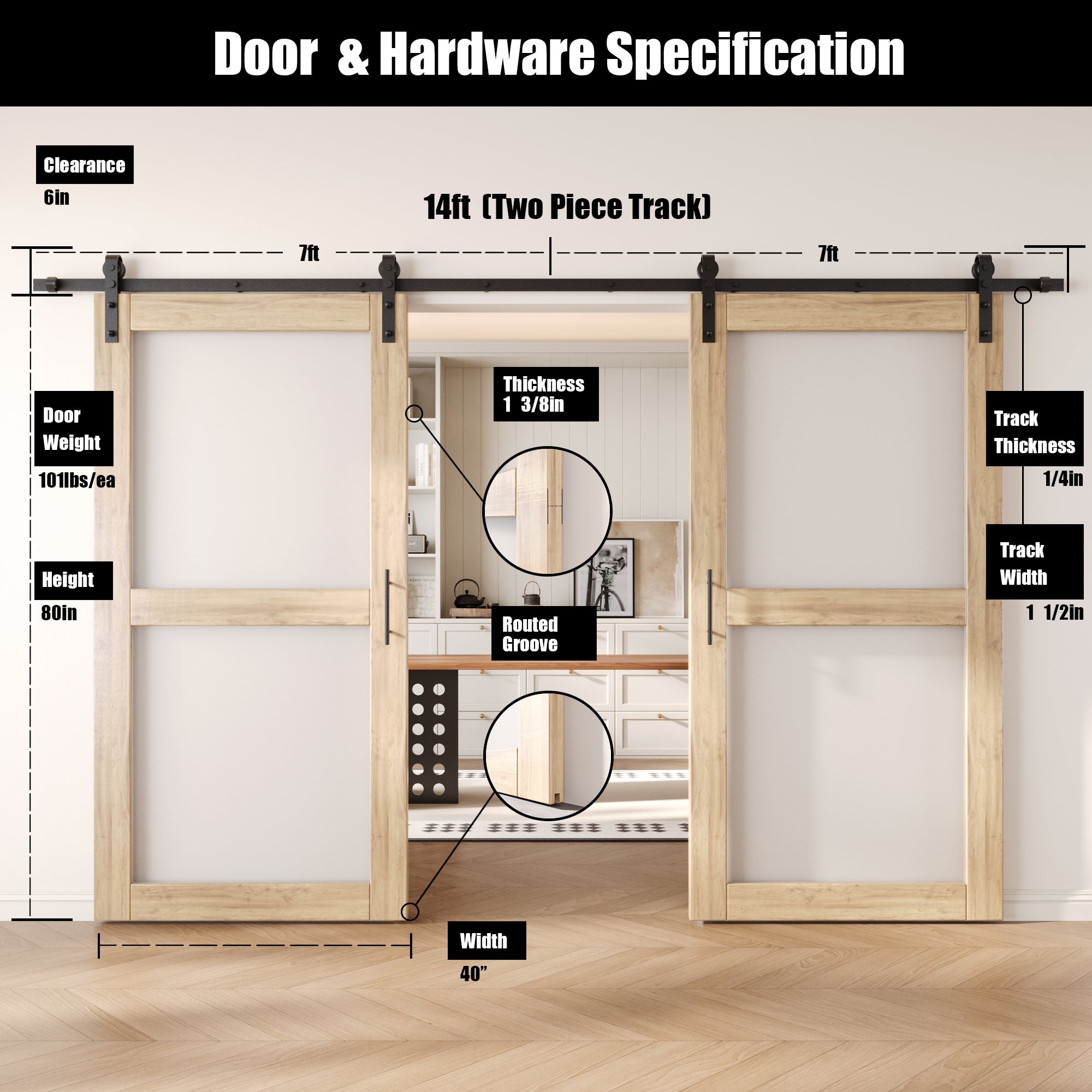 80" Height 2-Lite Frosted Glass Double Unassembled & Unfinished Pine Wood Barn Doors with Non-Bypass Installation Hardware Kit (Interior Use Only)