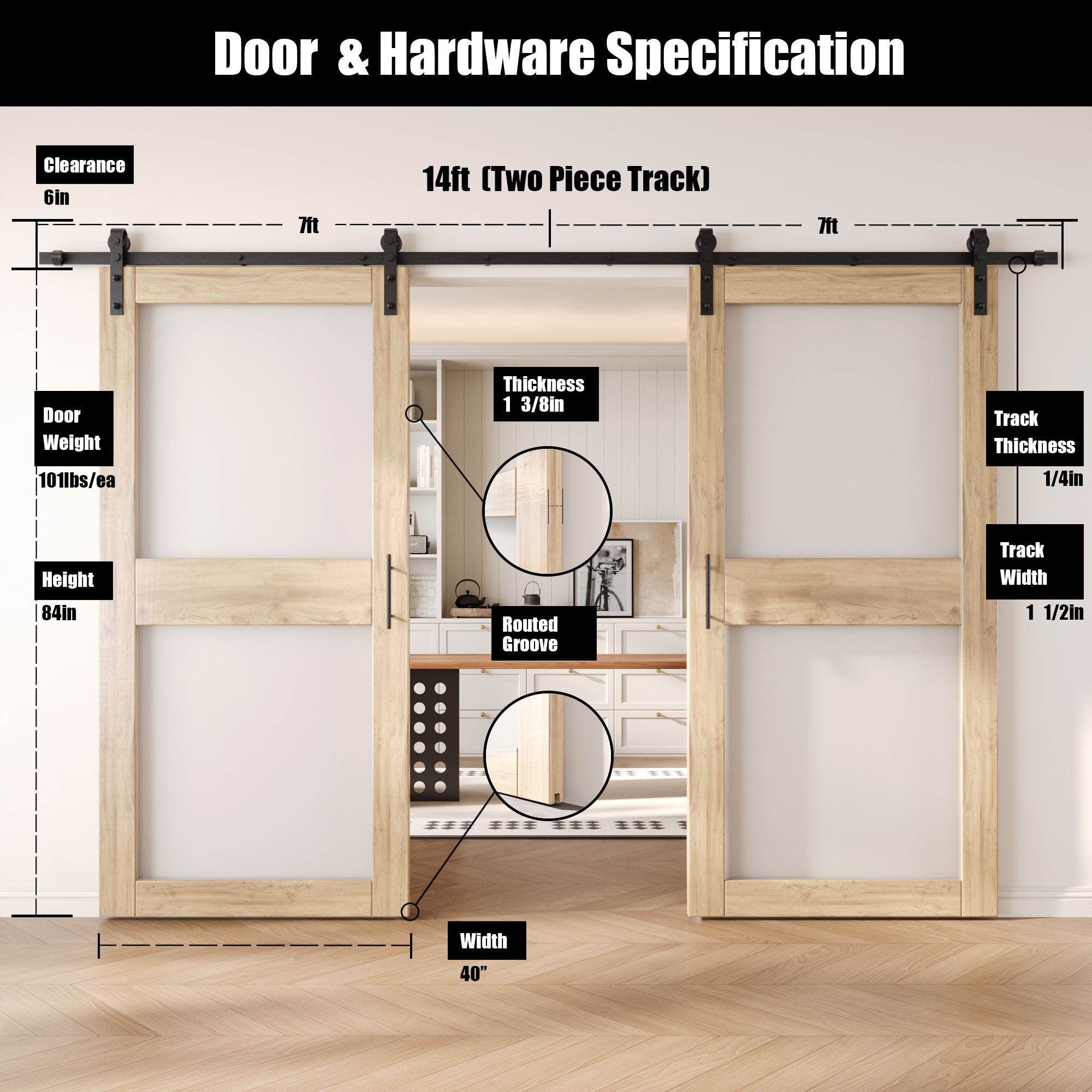 84" Height 2-Lite Frosted Glass Double Unassembled & Unfinished Pine Wood Barn Doors with Non-Bypass Installation Hardware Kit (Interior Use Only)
