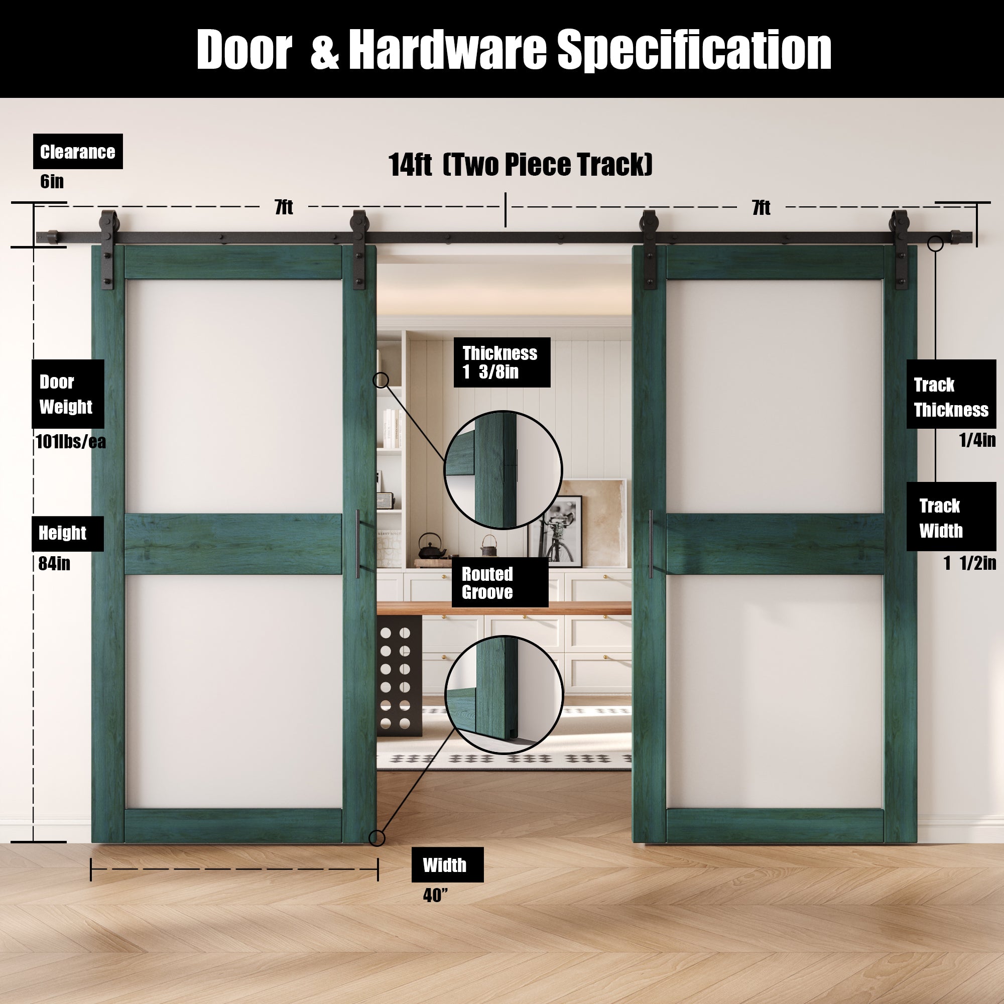 84" Height Royal Pine 2-Lite Frosted Glass Double Unassembled & Finished Pine Wood Barn Doors with Non-Bypass Installation Hardware Kit (Interior Use Only)