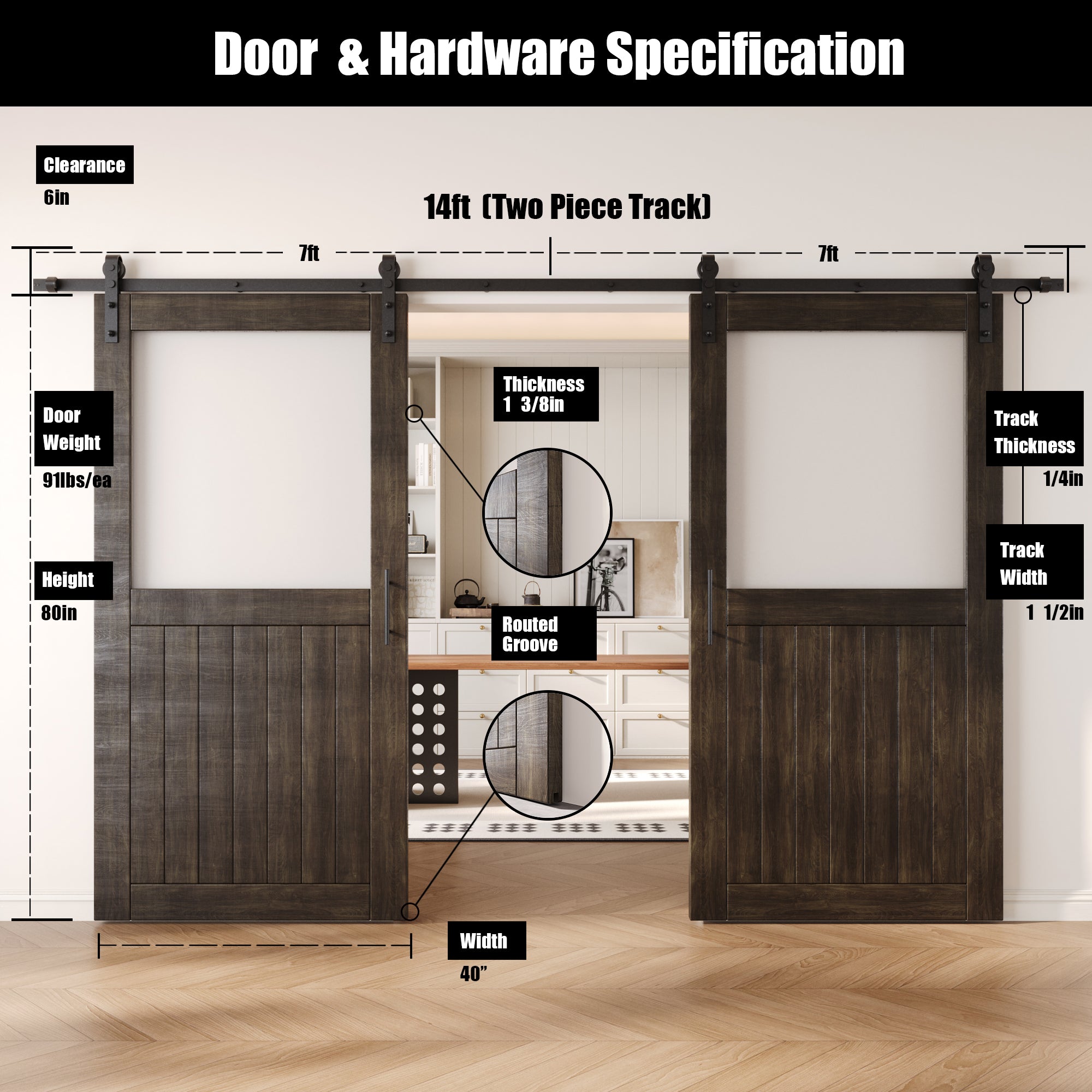 80" Height Ebony Half Lite Frosted Glass Double Unassembled & Finished Pine Wood Barn Door with Non-Bypass Installation Hardware Kit (Interior Use Only)