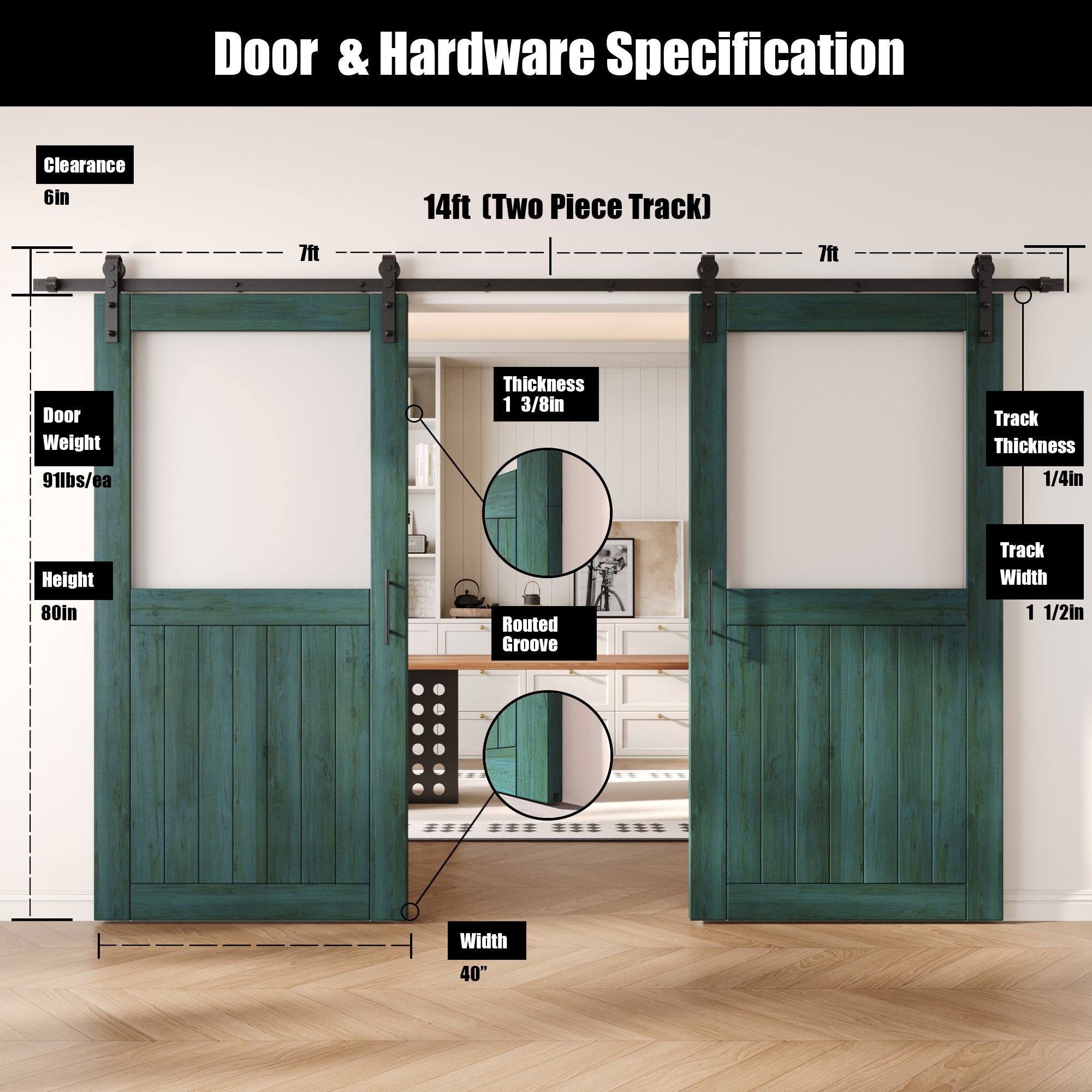 80" Height Royal Pine Half Lite Frosted Glass Double Unassembled & Finished Pine Wood Barn Door with Non-Bypass Installation Hardware Kit (Interior Use Only)