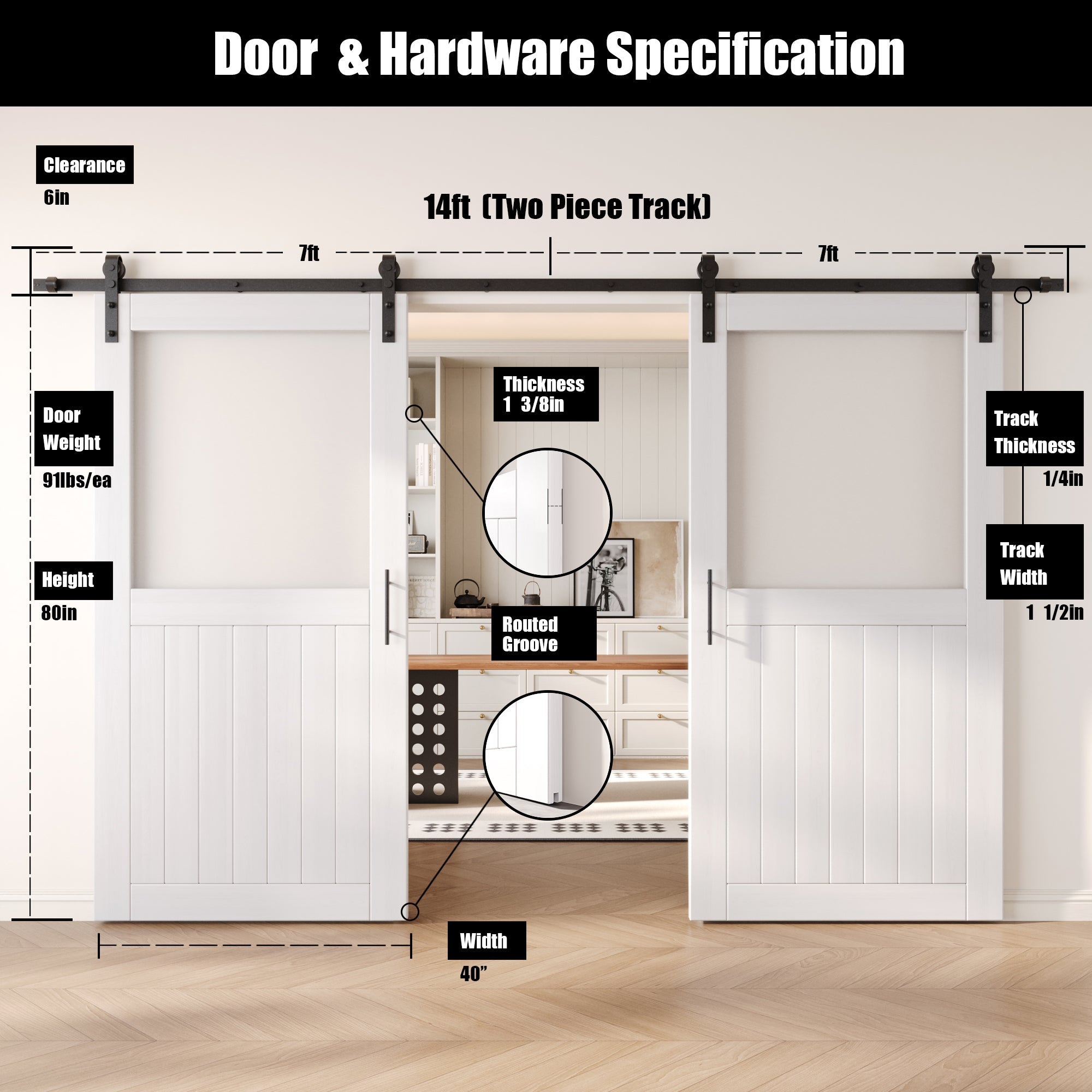 80" Height White Half Lite Frosted Glass Double Unassembled & Finished Pine Wood Barn Door with Non-Bypass Installation Hardware Kit (Interior Use Only)
