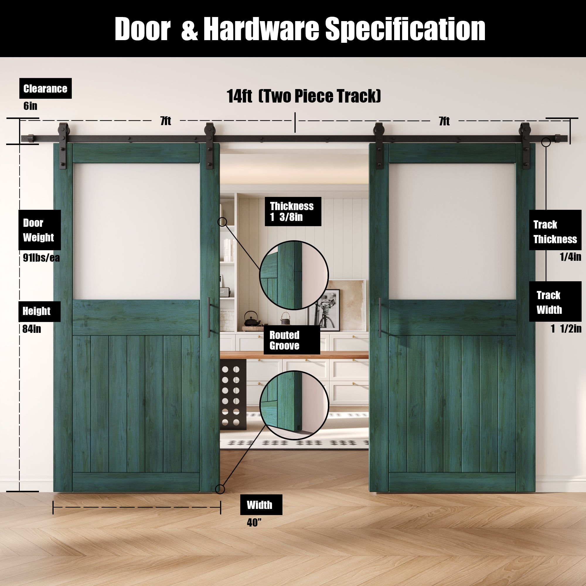 84" Height Royal Pine Half Lite Frosted Glass Double Unassembled & Finished Pine Wood Barn Door with Non-Bypass Installation Hardware Kit (Interior Use Only)