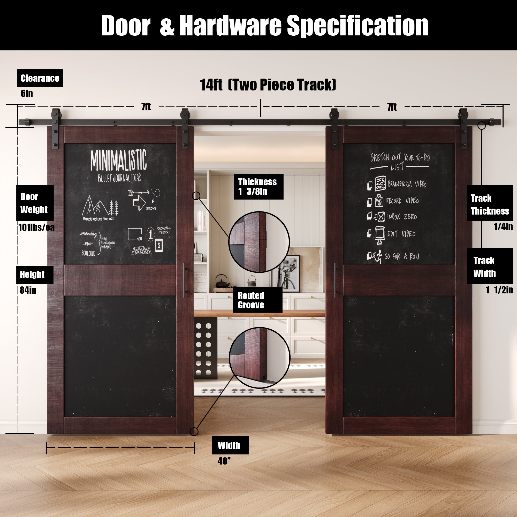84" Height Red Mahogany Chalkboard Design Double Unassembled & Finished Pine Wood Barn Doors with Non-Bypass Installation Hardware Kit (Interior Use Only)