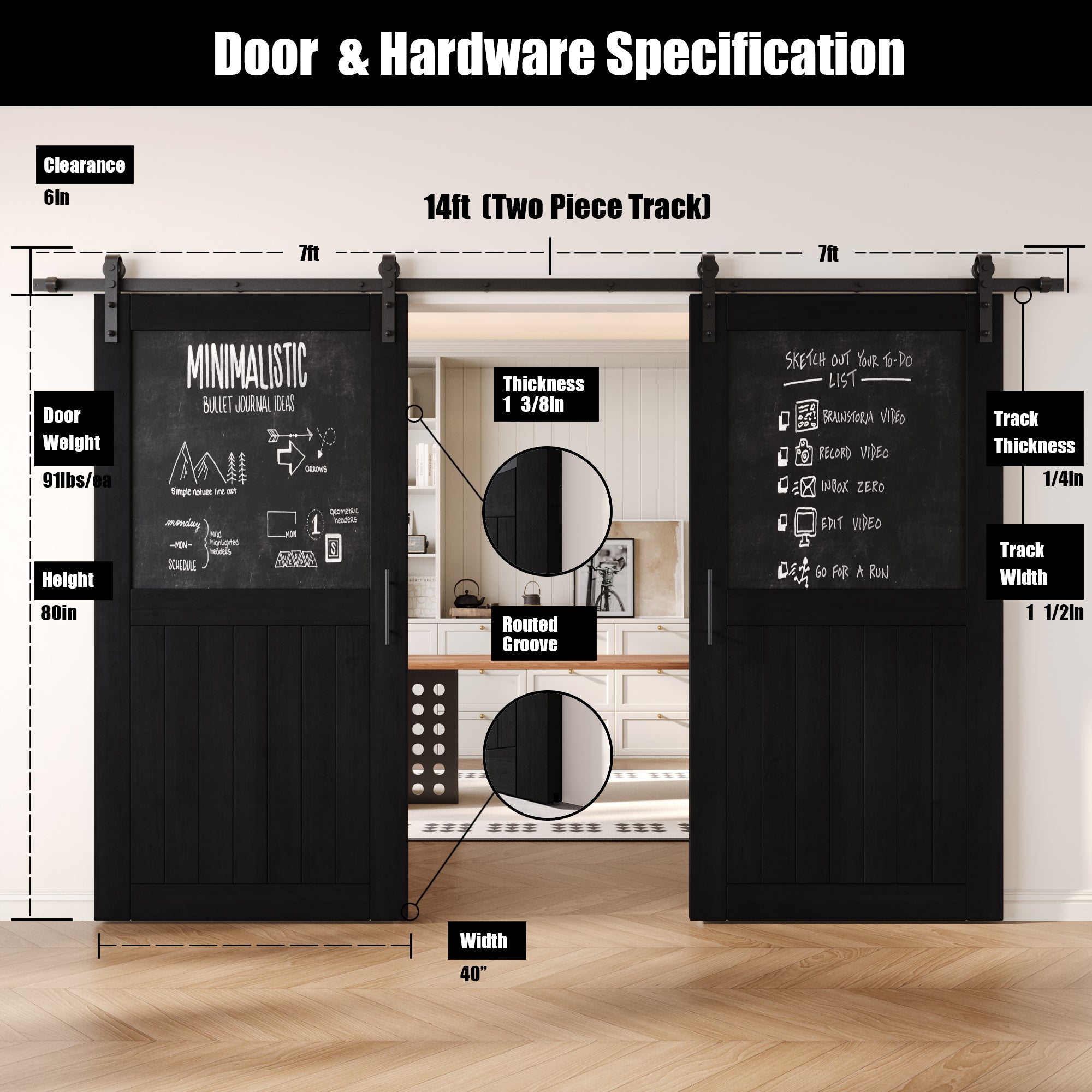 80" Height Black Top Chalkboard Panel Double Unassembled & Finished Pine Wood Barn Doors with Non-Bypass Installation Hardware Kit (Interior Use Only)