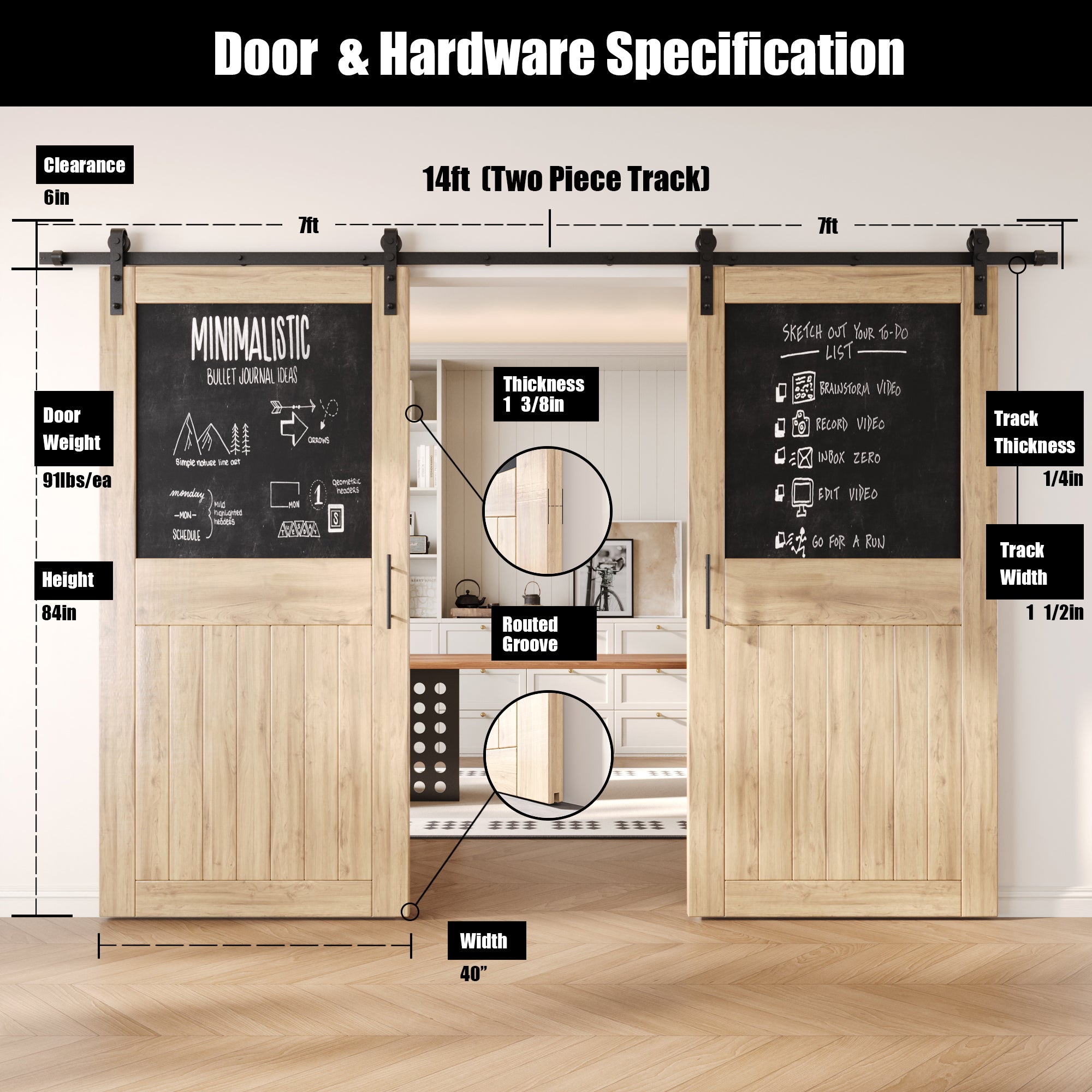 84" Height Top Chalkboard Panel Double Unassembled & Unfinished Pine Wood Barn Doors with Non-Bypass Installation Hardware Kit (Interior Use Only)