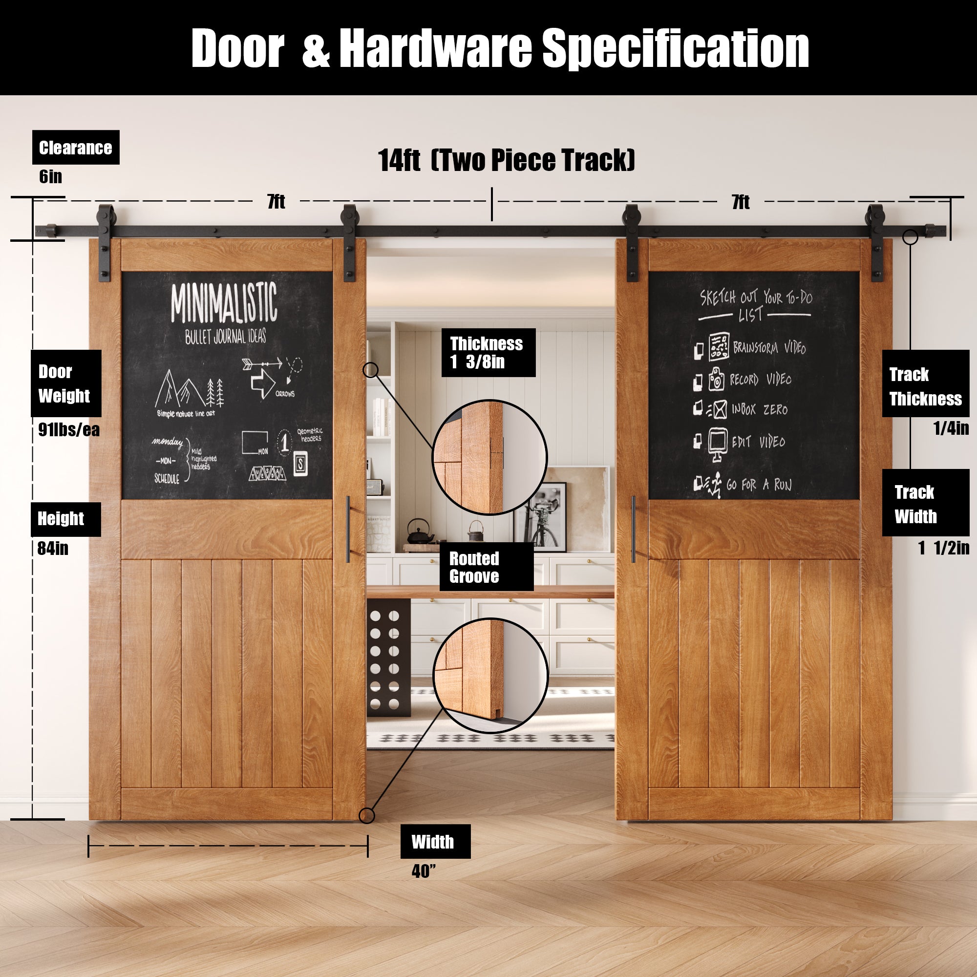 84" Height Early American Top Chalkboard Panel Double Unassembled & Finished Pine Wood Barn Doors with Non-Bypass Installation Hardware Kit (Interior Use Only)