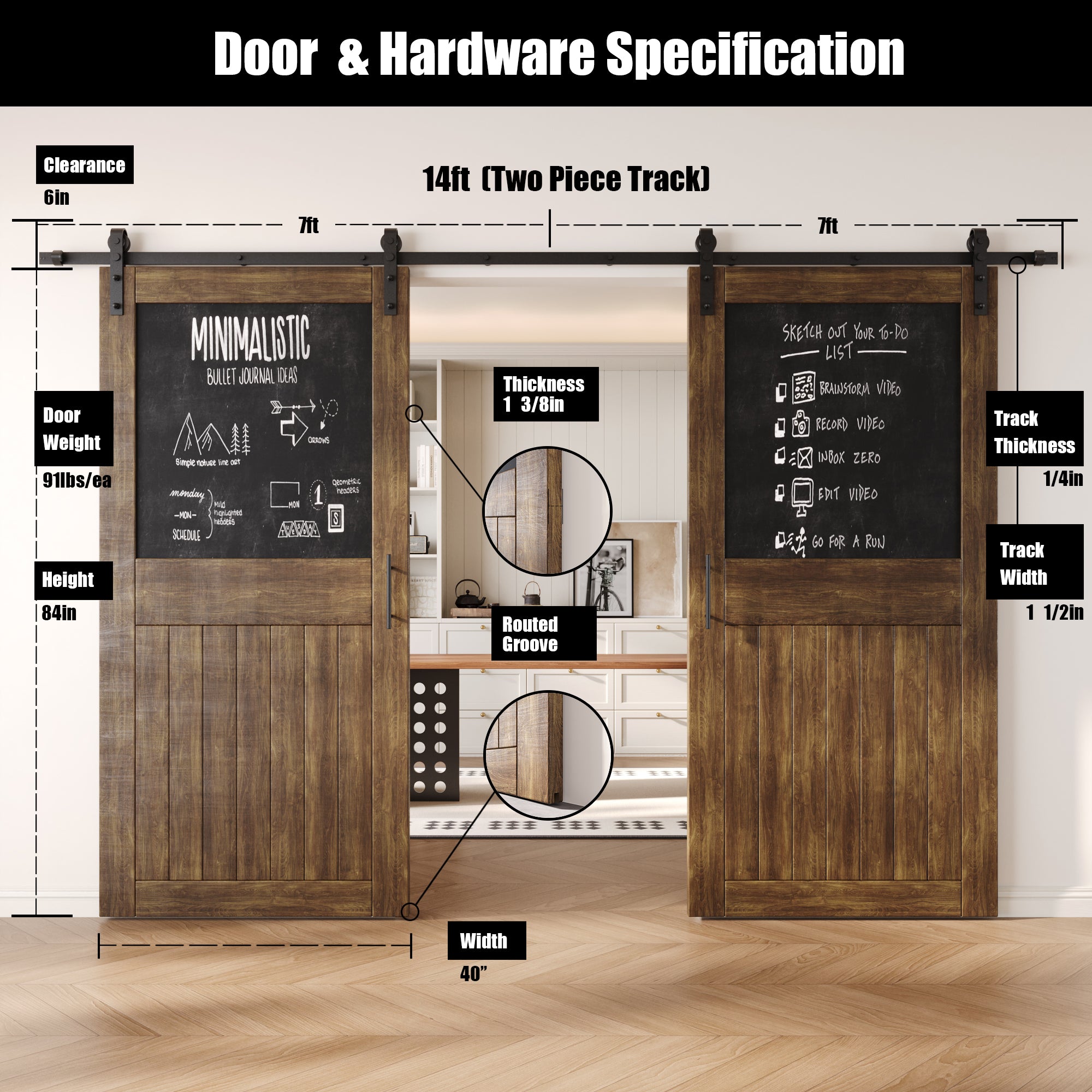 84" Height Dark Walnut Top Chalkboard Panel Double Unassembled & Finished Pine Wood Barn Doors with Non-Bypass Installation Hardware Kit (Interior Use Only)