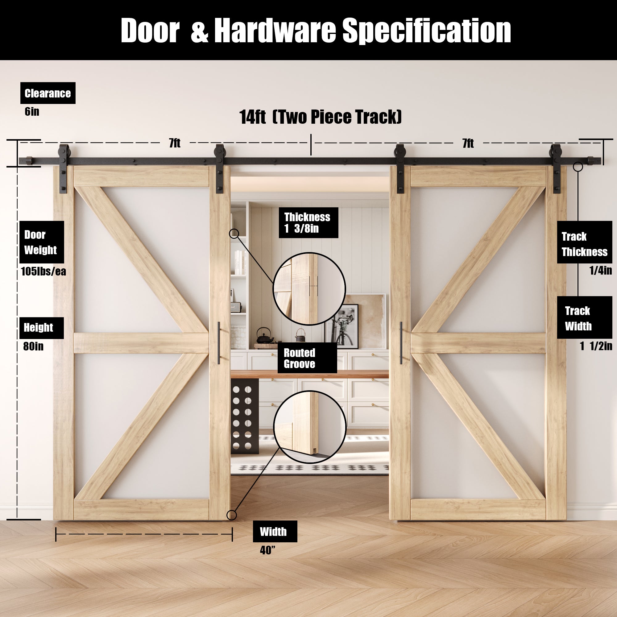 80" Height Arrow Pattern Glass Double Unassembled & Unfinished Pine Wood Barn Doors with Non-Bypass Installation Hardware Kit (Interior Use Only)