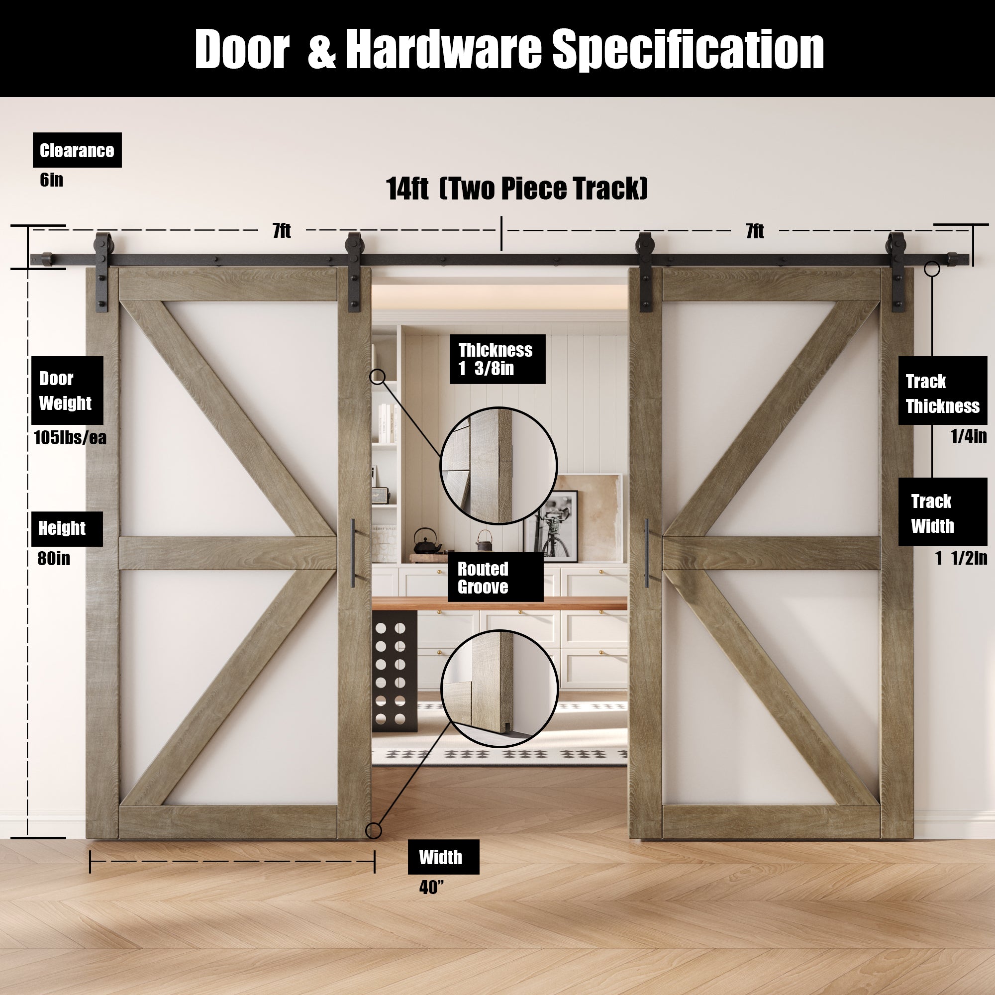 80" Height Classic Gray Arrow Pattern Glass Double Unassembled & Finished Pine Wood Barn Doors with Non-Bypass Installation Hardware Kit (Interior Use Only)