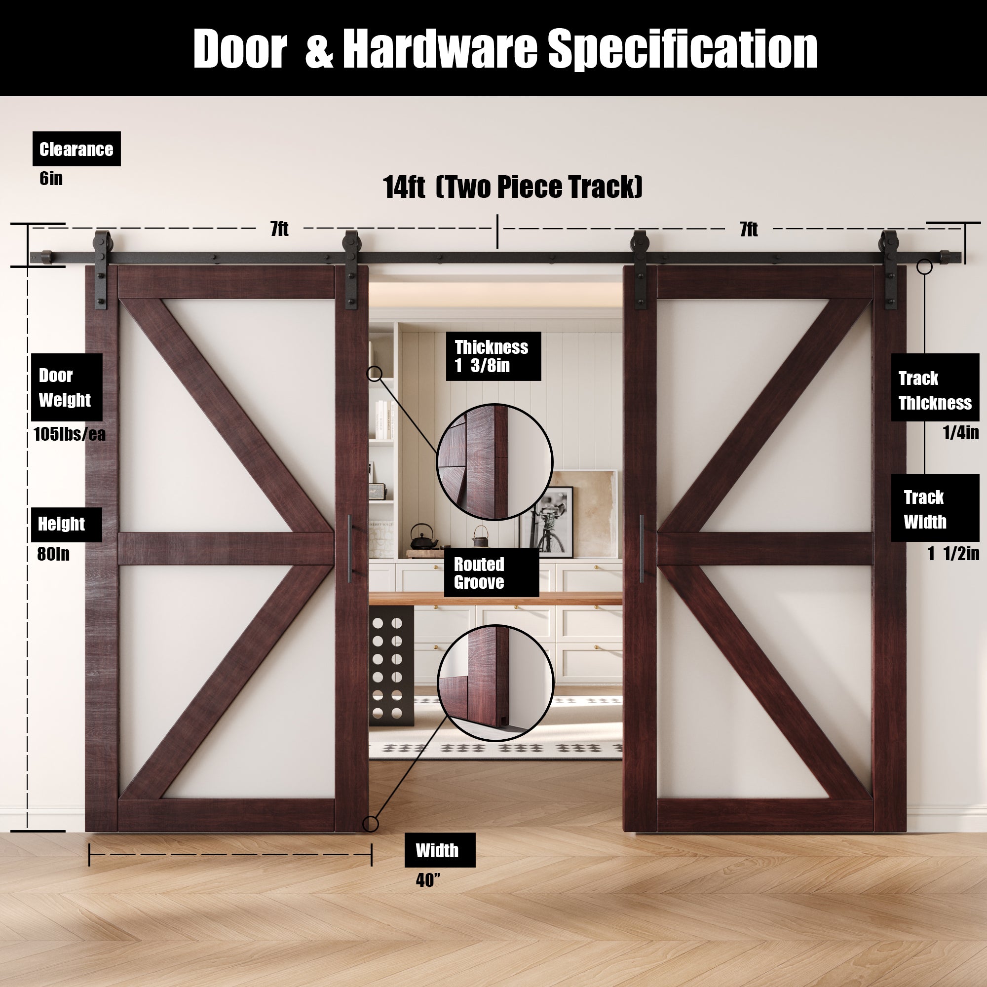 80" Height Red Mahogany Arrow Pattern Glass Double Unassembled & Finished Pine Wood Barn Doors with Non-Bypass Installation Hardware Kit (Interior Use Only)