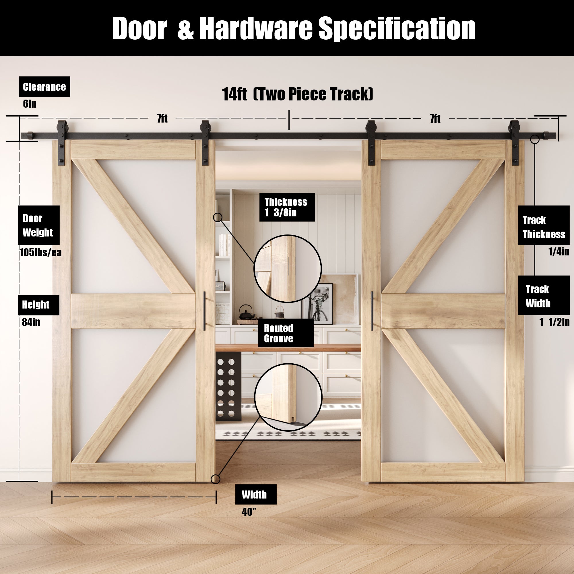84" Height Arrow Pattern Glass Double Unassembled & Unfinished Pine Wood Barn Doors with Non-Bypass Installation Hardware Kit (Interior Use Only)