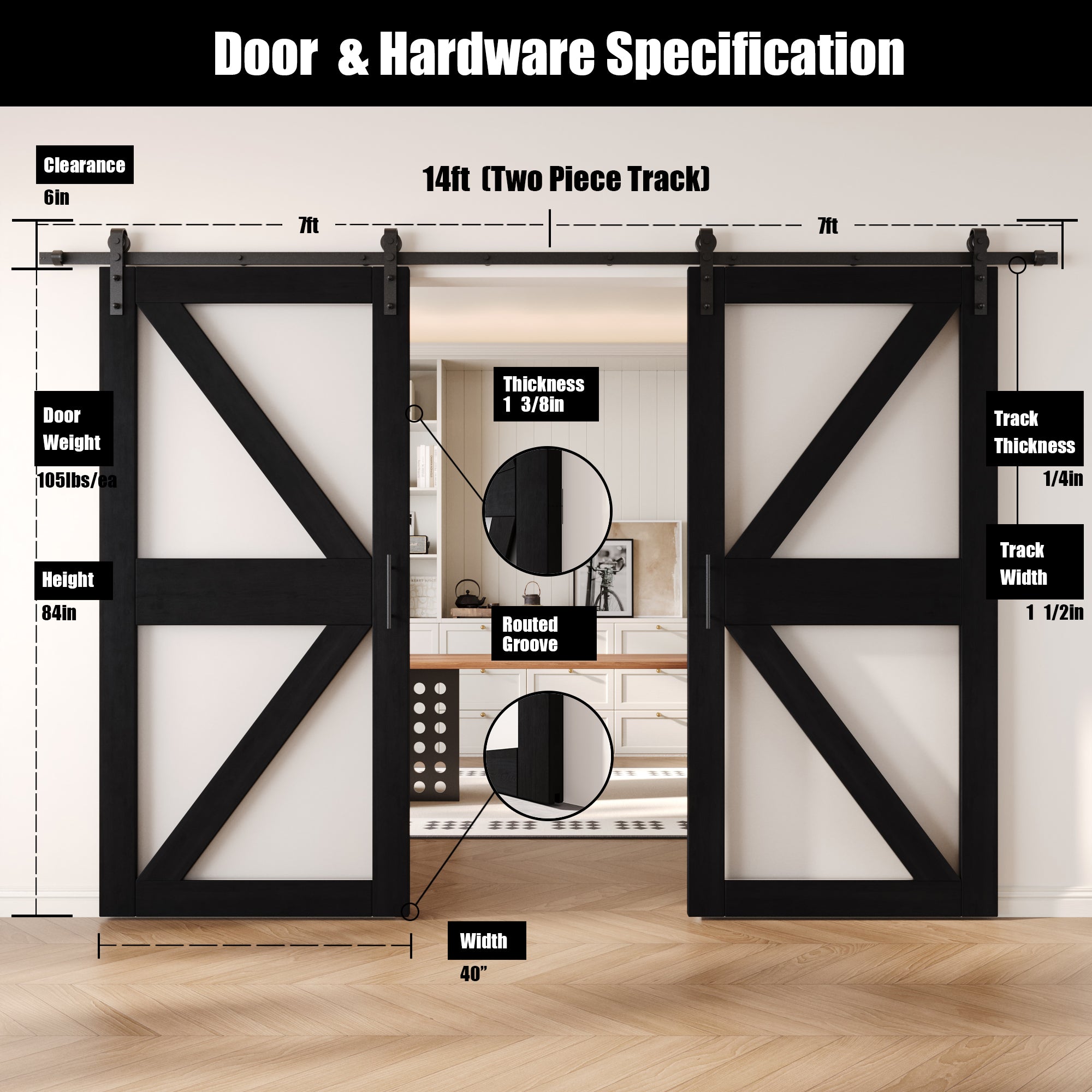 84" Height Black Frosted Glass Arrow Design Double Unassembled & Finished Pine Wood Barn Doors with Non-Bypass Installation Hardware Kit (Interior Use Only)