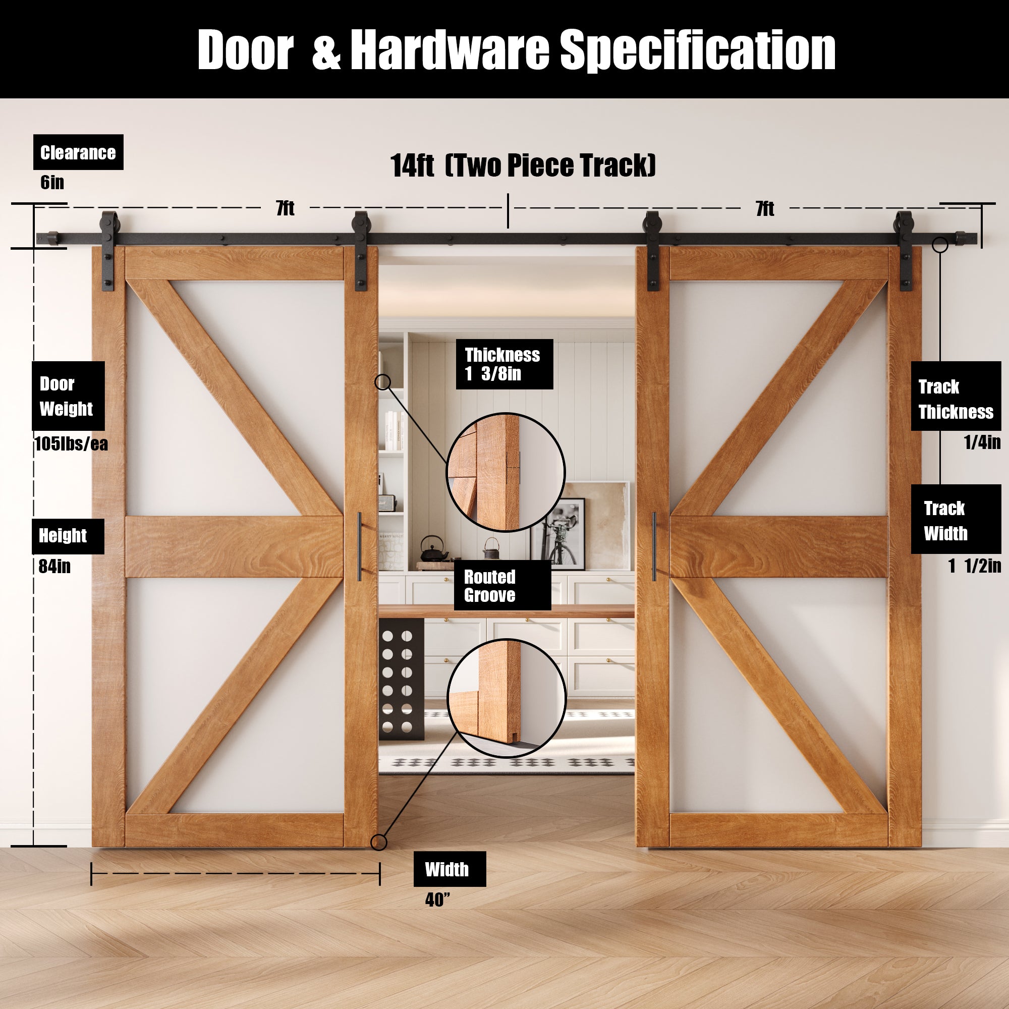 84" Height Early American Arrow Pattern Glass Double Unassembled & Finished Pine Wood Barn Doors with Non-Bypass Installation Hardware Kit (Interior Use Only)
