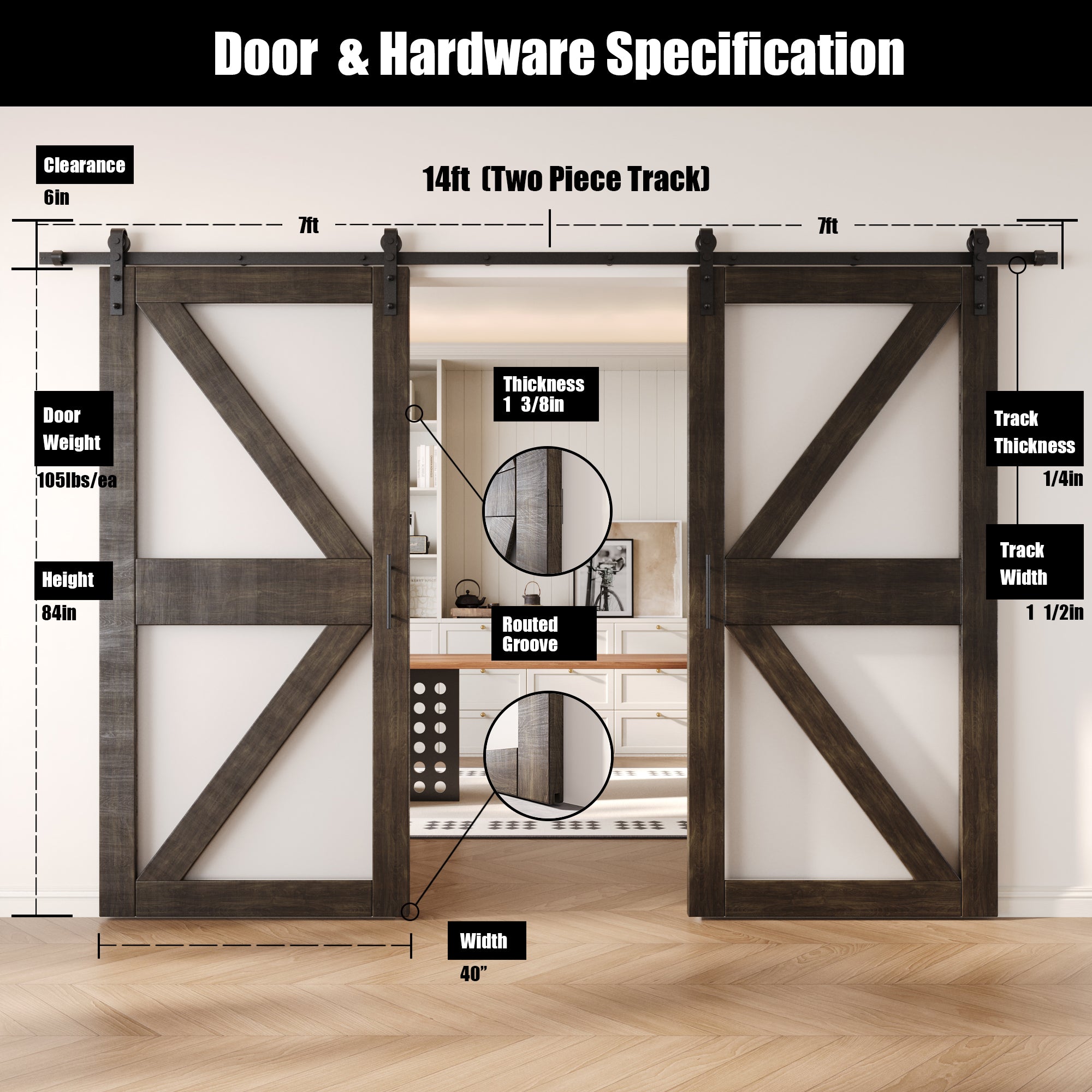 84" Height Ebony Arrow Pattern Glass Double Unassembled & Finished Pine Wood Barn Doors with Non-Bypass Installation Hardware Kit (Interior Use Only)