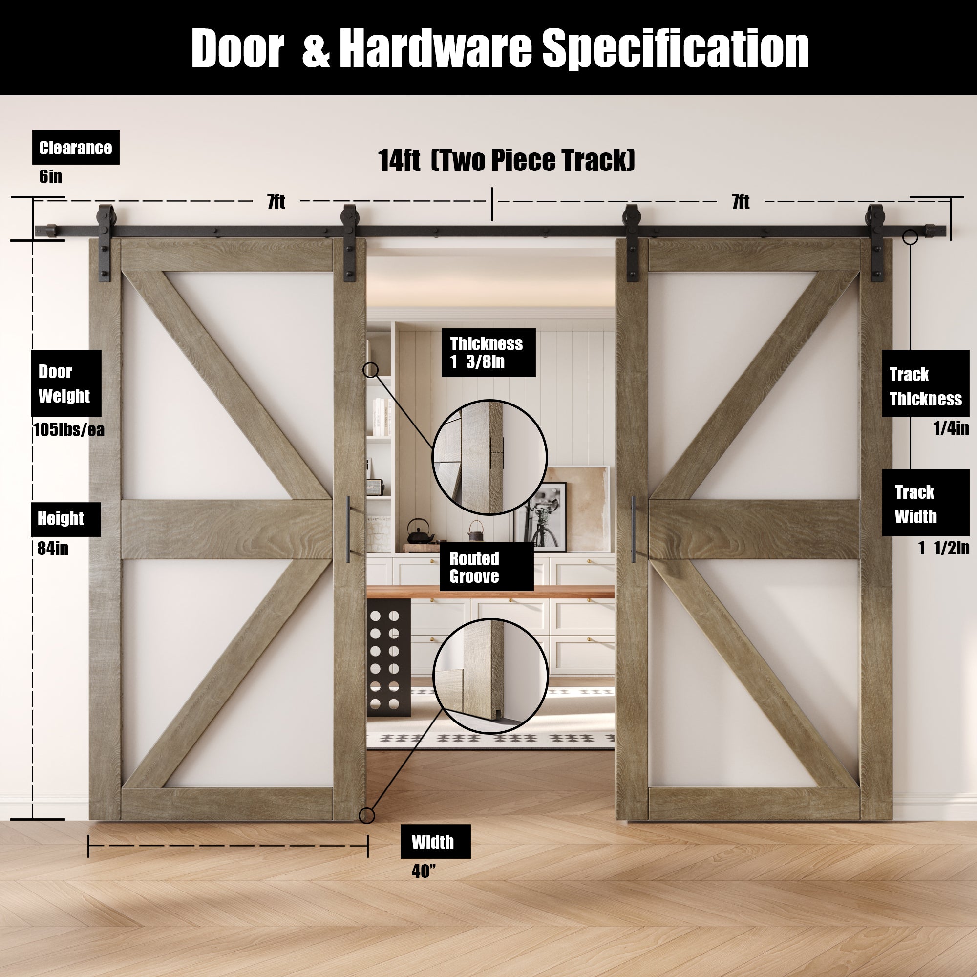 84" Height Classic Gray Arrow Pattern Glass Double Unassembled & Finished Pine Wood Barn Doors with Non-Bypass Installation Hardware Kit (Interior Use Only)