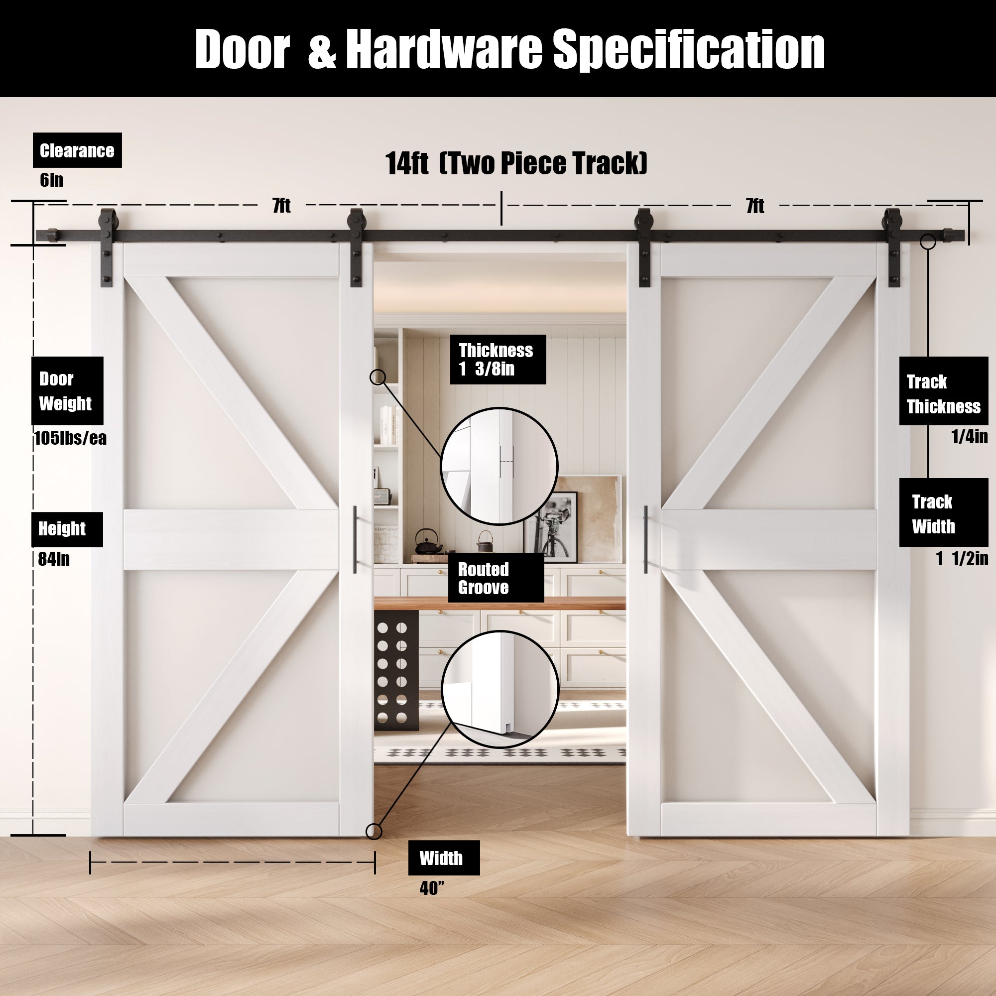 84" Height White Arrow Pattern Glass Double Unassembled & Finished Pine Wood Barn Doors with Non-Bypass Installation Hardware Kit (Interior Use Only)