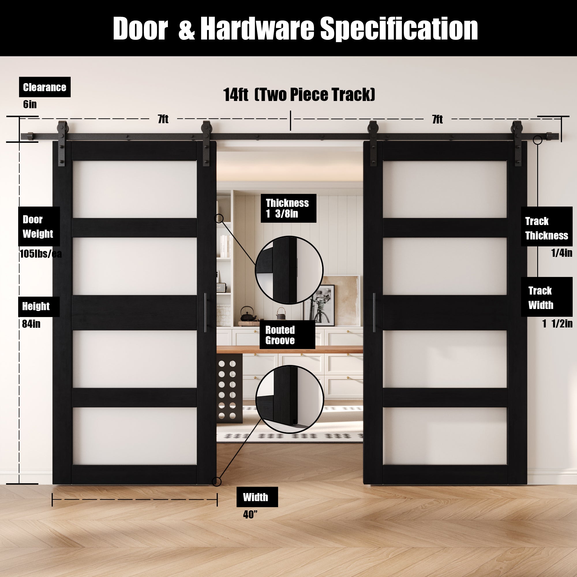 84" Height Black 4-Lite Frosted Glass Double Unassembled & Finished Pine Wood Barn Doors with Non-Bypass Installation Hardware Kit (Interior Use Only)