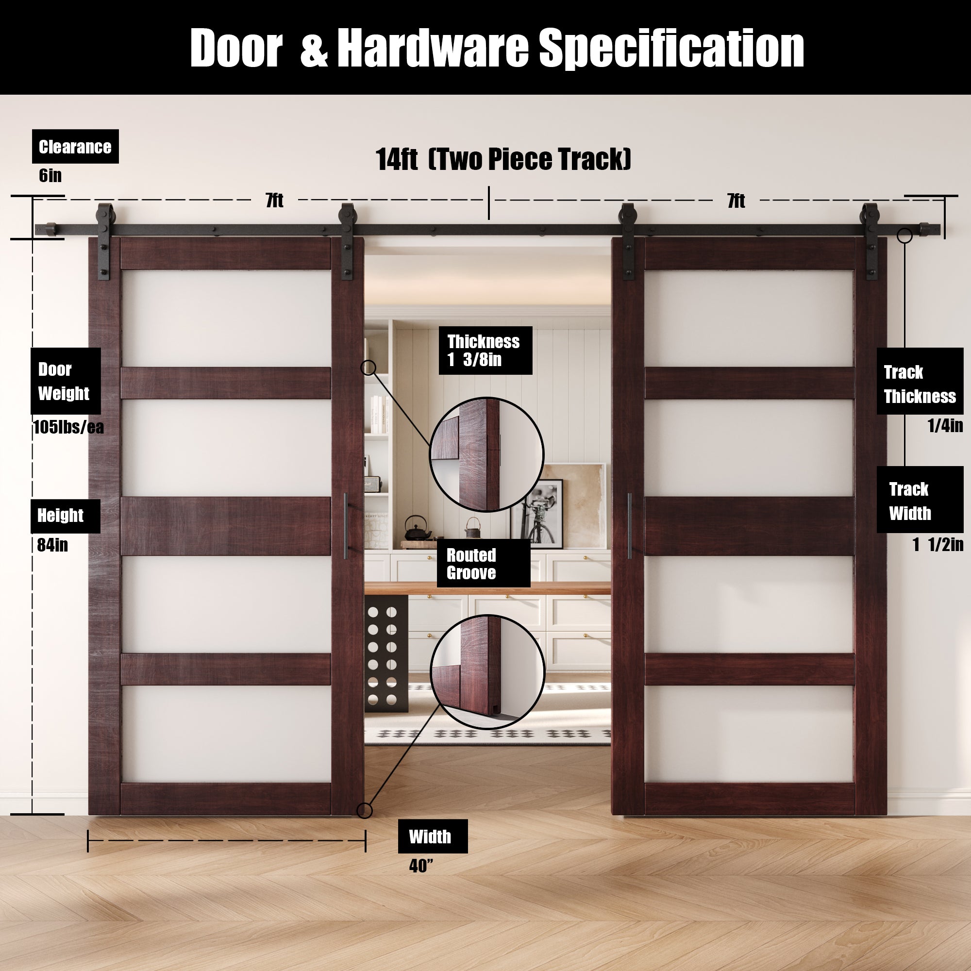84" Height Red Mahogany 4-Lite Frosted Glass Double Unassembled & Finished Pine Wood Barn Doors with Non-Bypass Installation Hardware Kit (Interior Use Only)