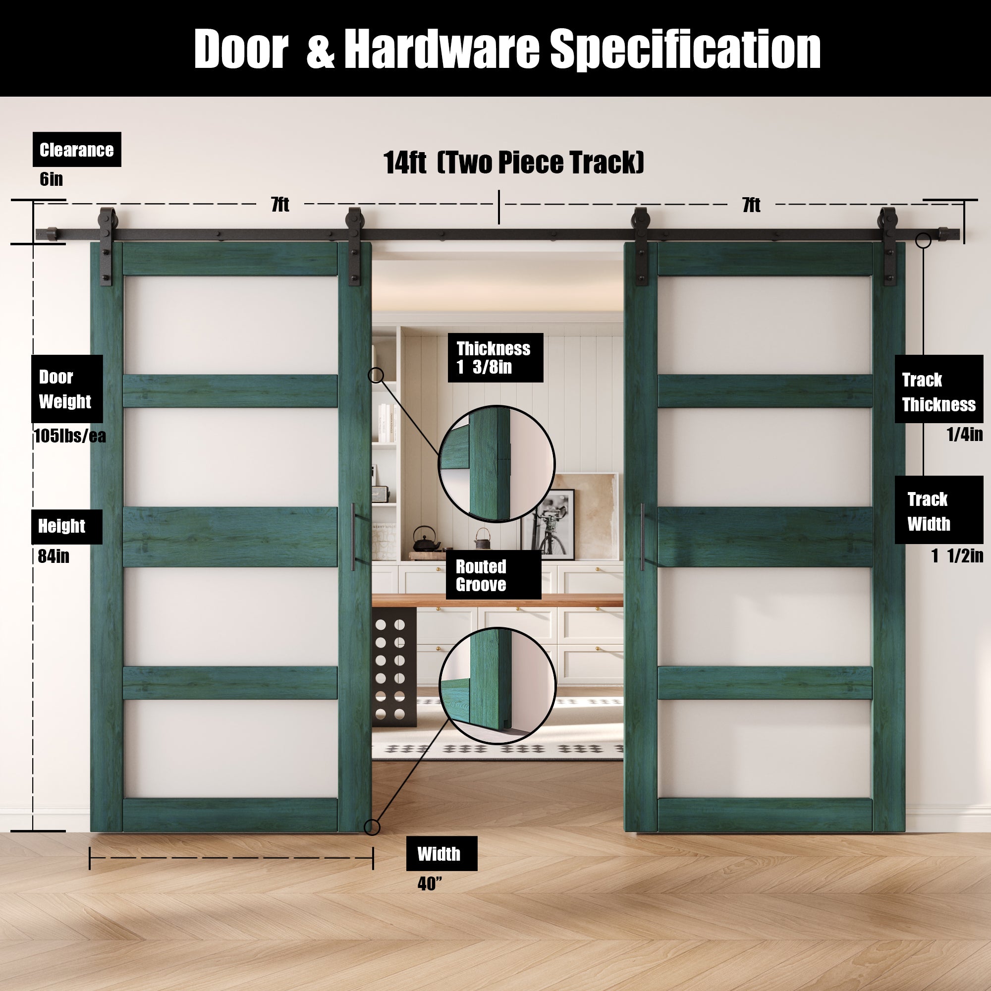 84" Height Royal Pine 4-Lite Frosted Glass Double Unassembled & Finished Pine Wood Barn Doors with Non-Bypass Installation Hardware Kit (Interior Use Only)