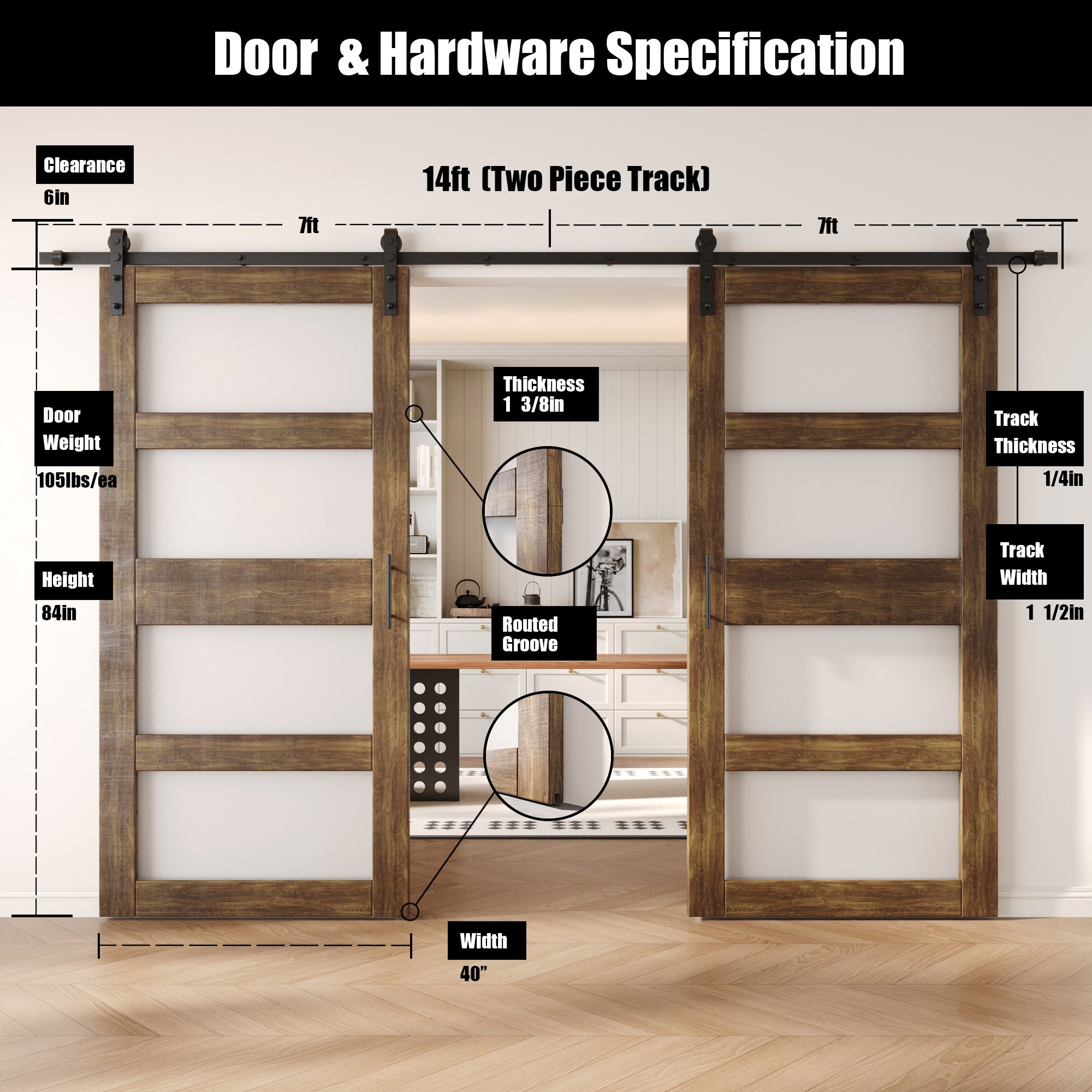 84" Height Dark Walnut 4-Lite Frosted Glass Double Unassembled & Finished Pine Wood Barn Doors with Non-Bypass Installation Hardware Kit (Interior Use Only)