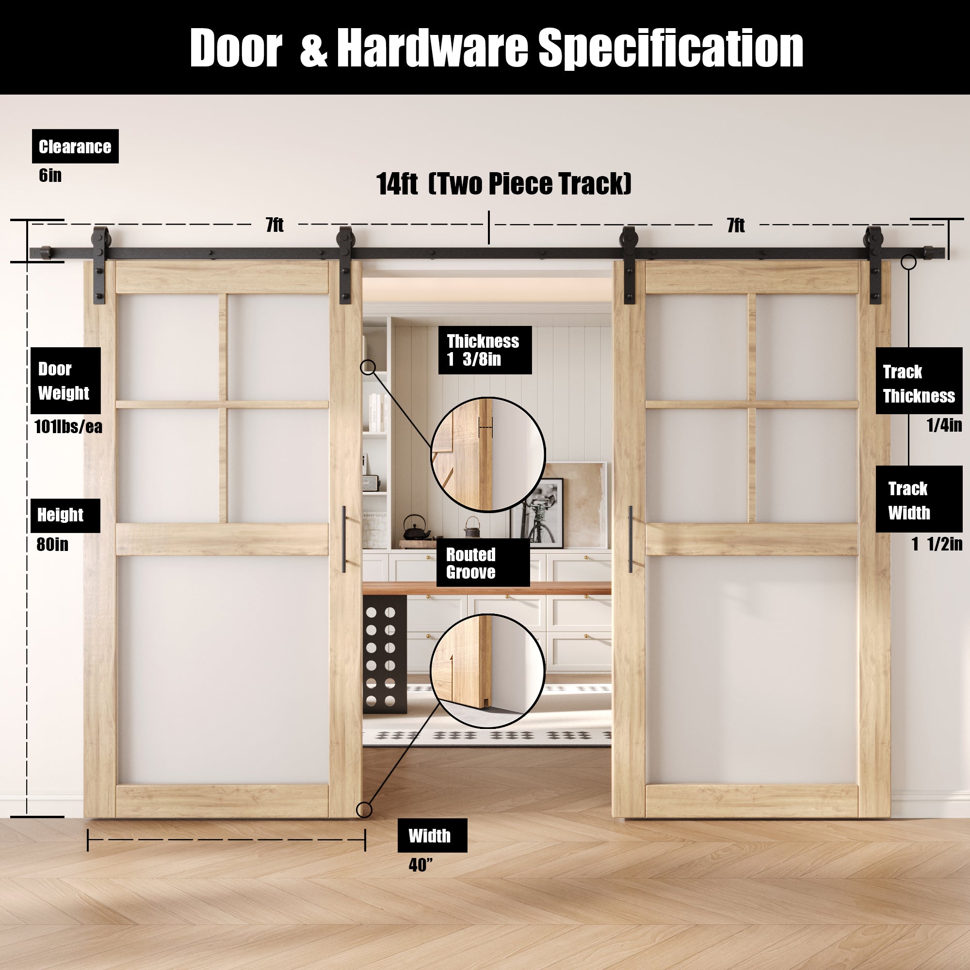 80" Height 5-Lite Frosted Glass Double Unassembled & Unfinished Pine Wood Barn Doors with Non-Bypass Installation Hardware Kit (Interior Use Only)