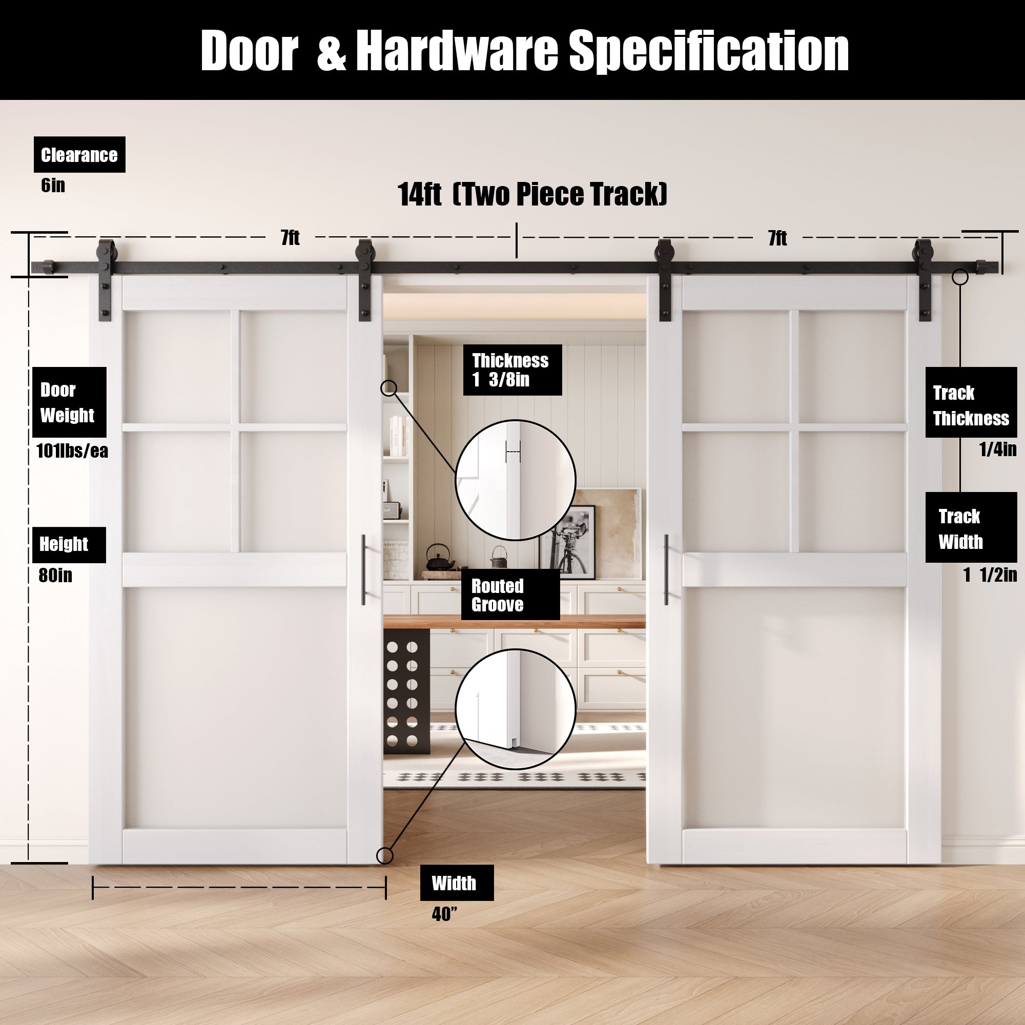 80" Height White 5-Lite Frosted Glass Double Unassembled & Finished Pine Wood Barn Doors with Non-Bypass Installation Hardware Kit (Interior Use Only)