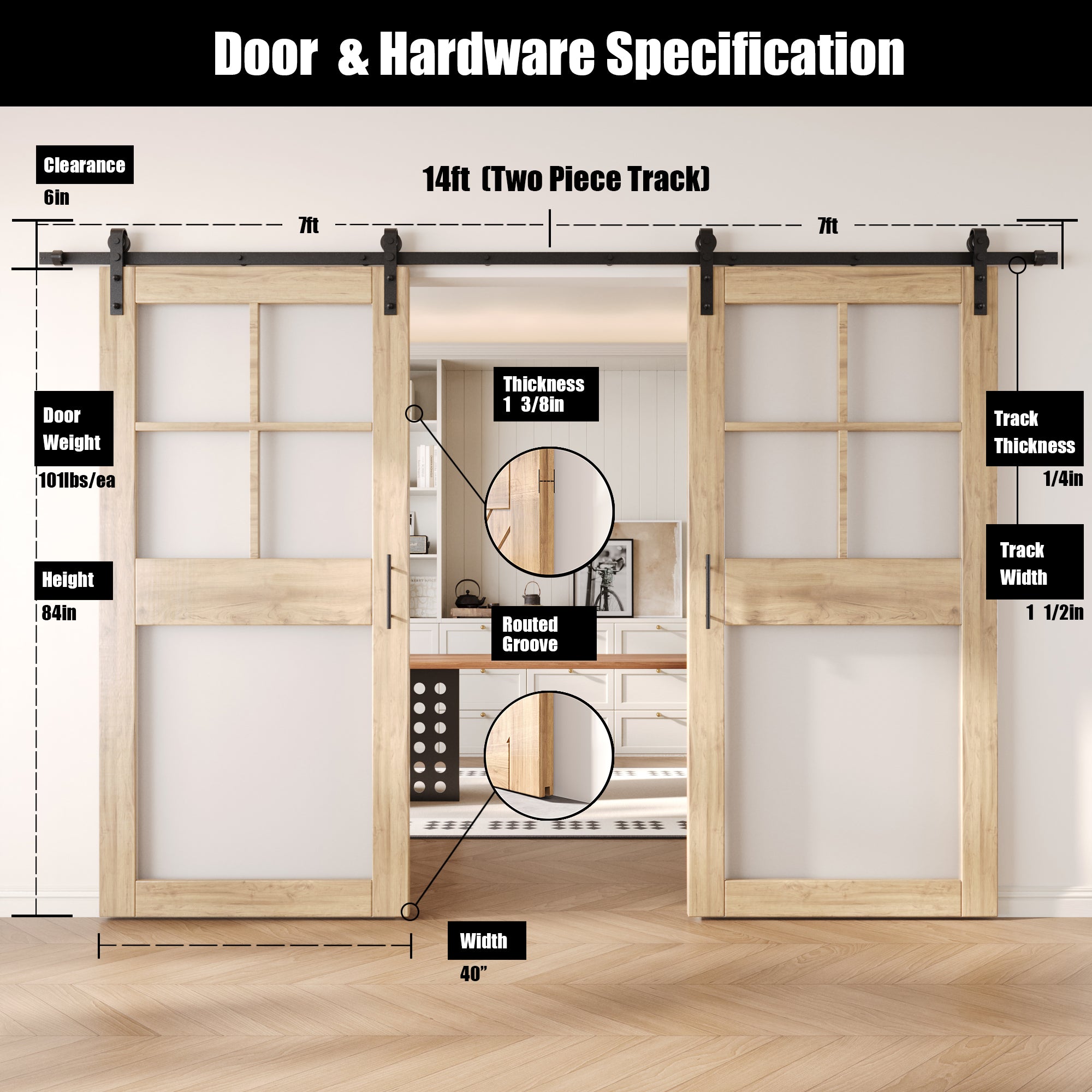 84" Height 5-Lite Frosted Glass Double Unassembled & Unfinished Pine Wood Barn Doors with Non-Bypass Installation Hardware Kit (Interior Use Only)
