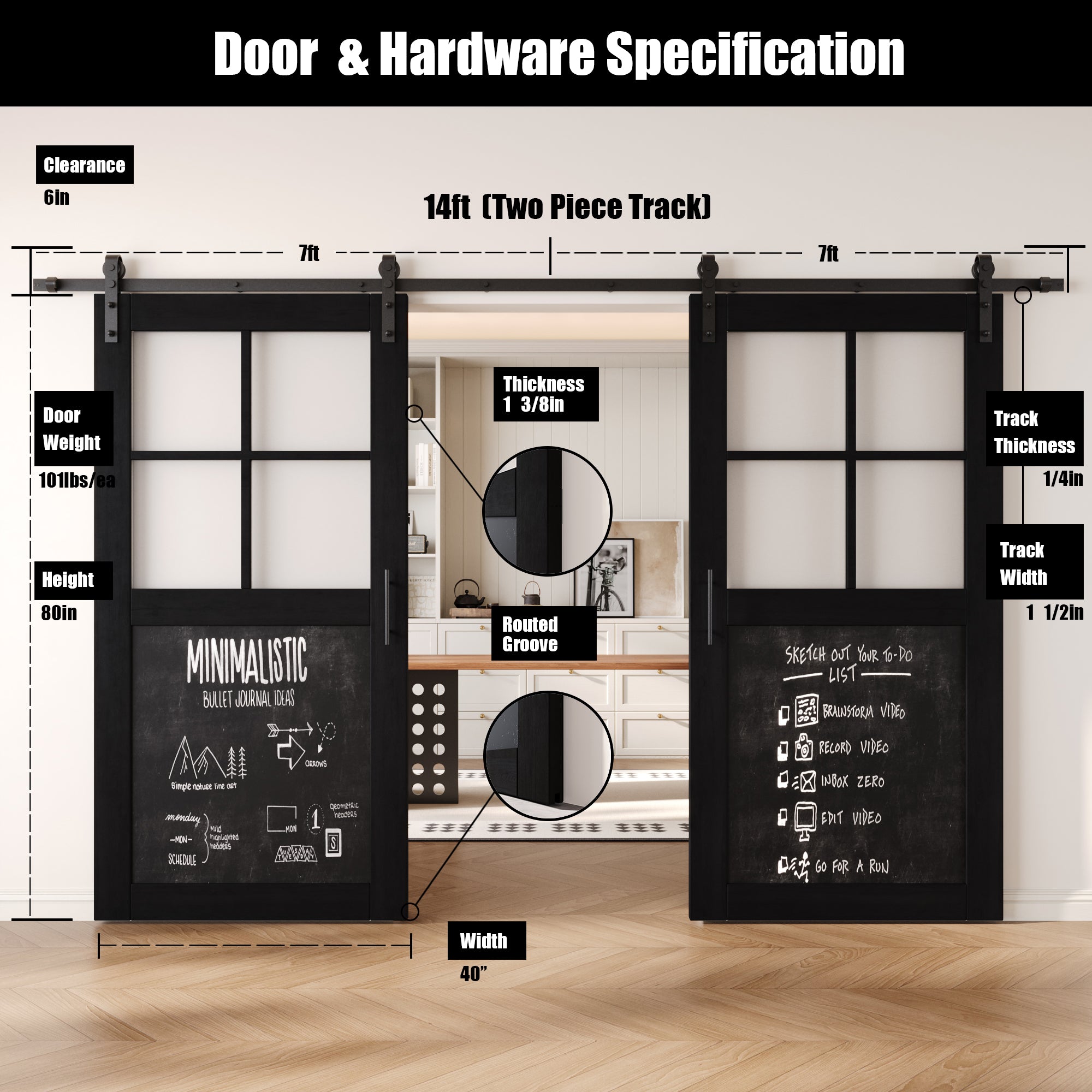 80" Height Black Half Lite Chalkboard Double Unassembled & Finished Pine Wood Barn Doors with Non-Bypass Installation Hardware Kit (Interior Use Only)