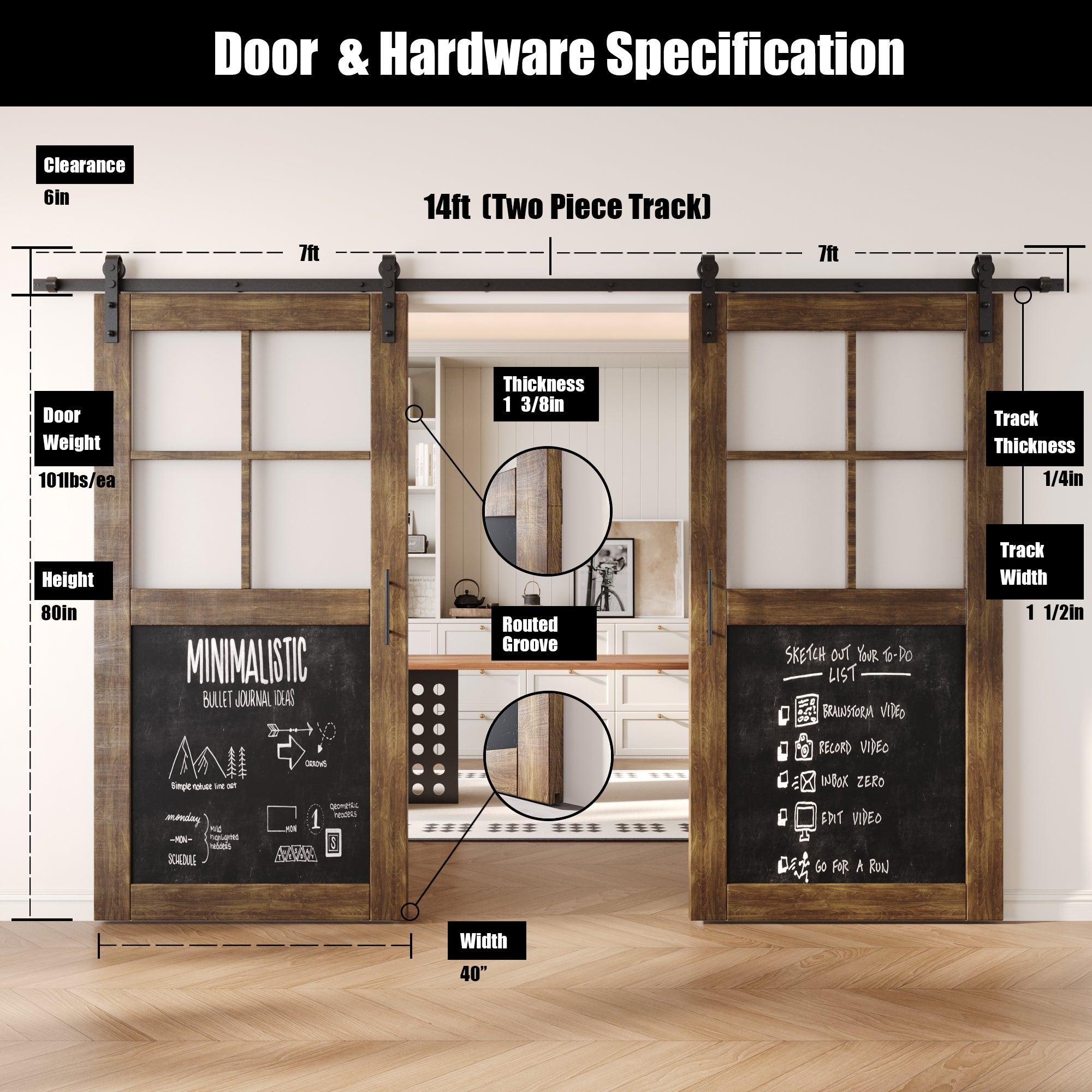 80" Height Dark Walnut Half Lite Chalkboard Double Unassembled & Finished Pine Wood Barn Doors with Non-Bypass Installation Hardware Kit (Interior Use Only)