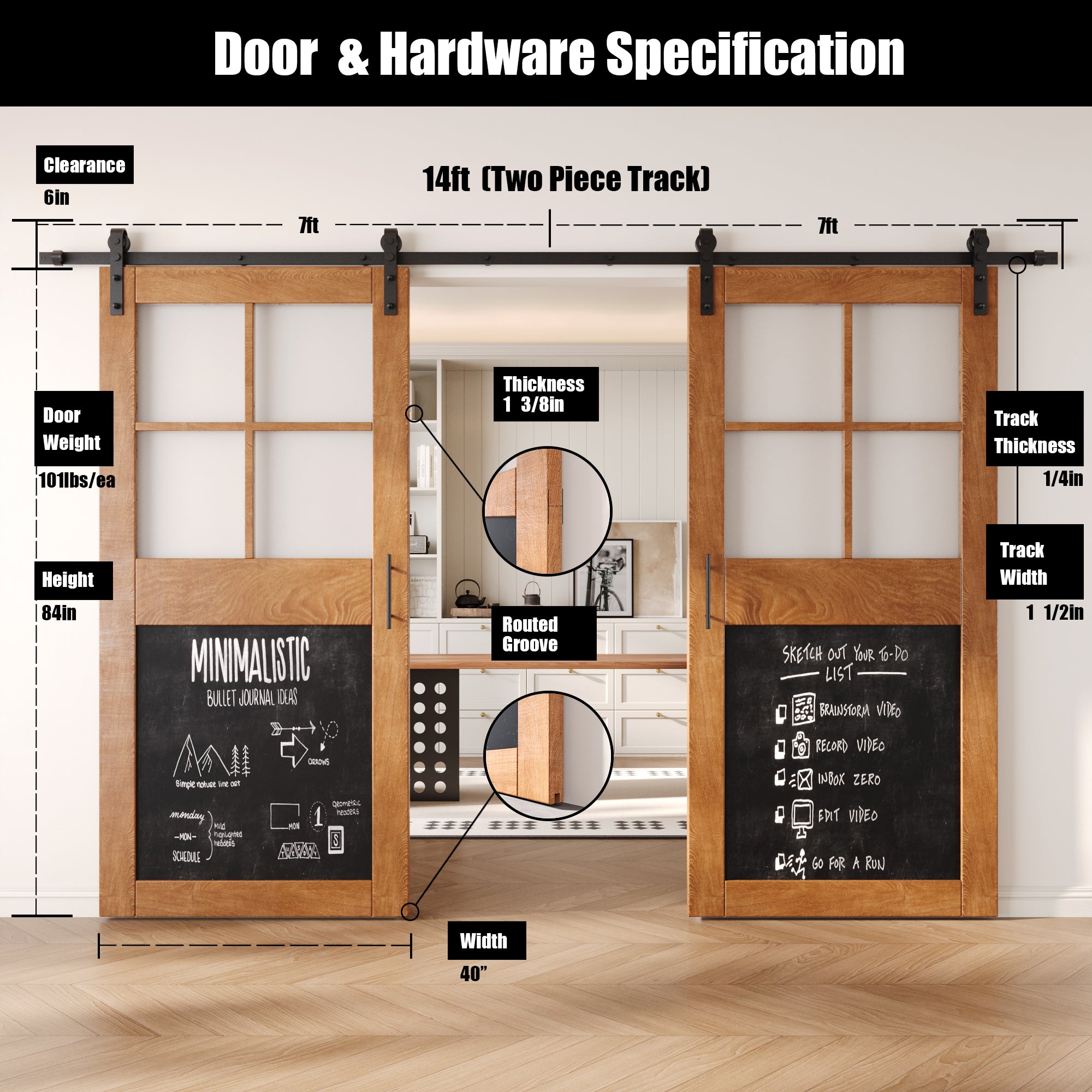 84" Height Early American Half Lite Chalkboard Double Unassembled & Finished Pine Wood Barn Doors with Non-Bypass Installation Hardware Kit (Interior Use Only)