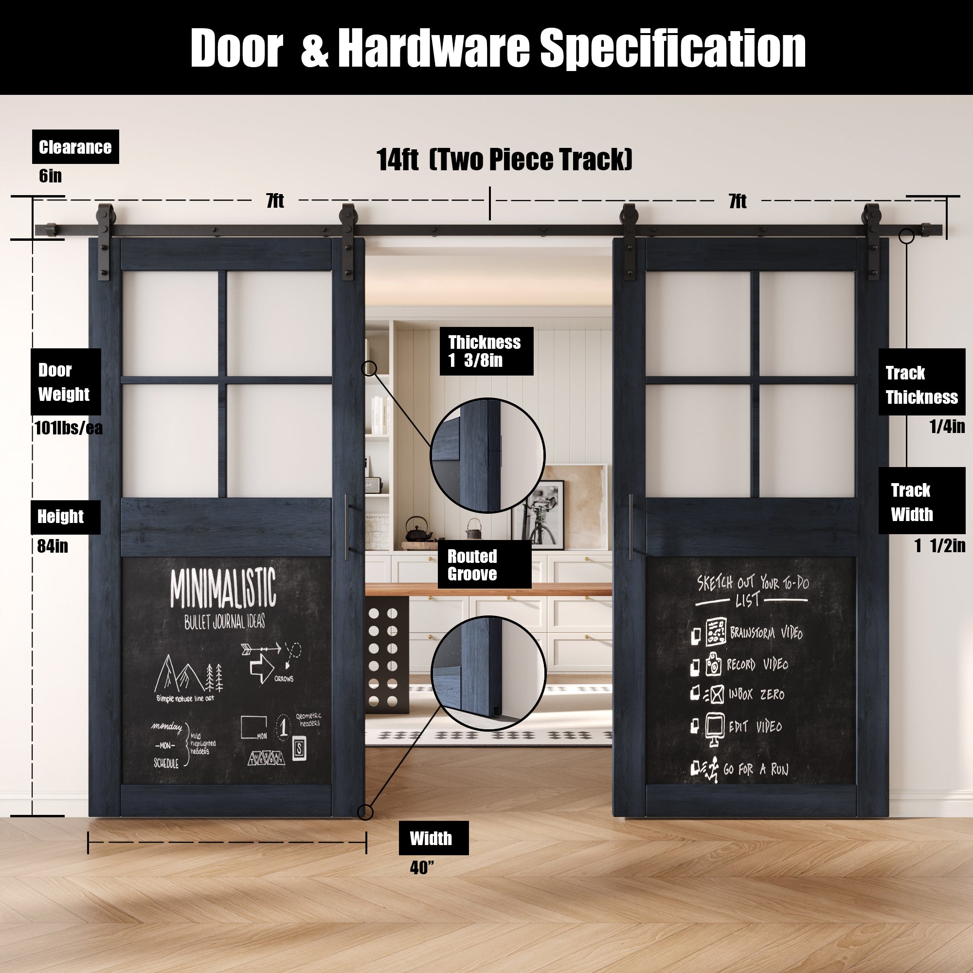 84" Height Navy Half Lite Chalkboard Double Unassembled & Finished Pine Wood Barn Doors with Non-Bypass Installation Hardware Kit (Interior Use Only)