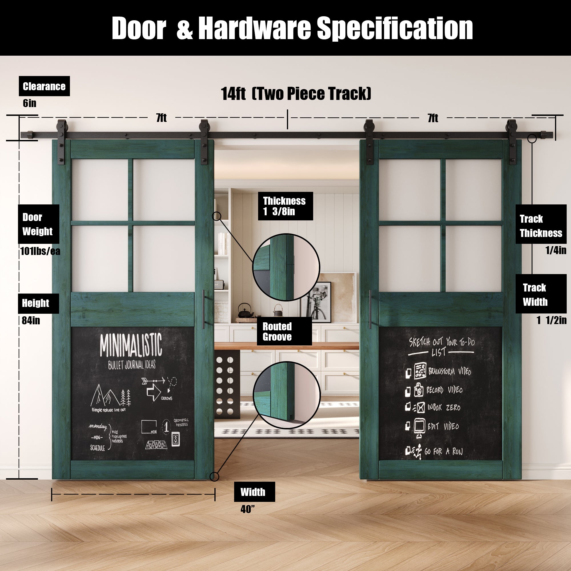 84" Height Royal Pine Half Lite Chalkboard Double Unassembled & Finished Pine Wood Barn Doors with Non-Bypass Installation Hardware Kit (Interior Use Only)